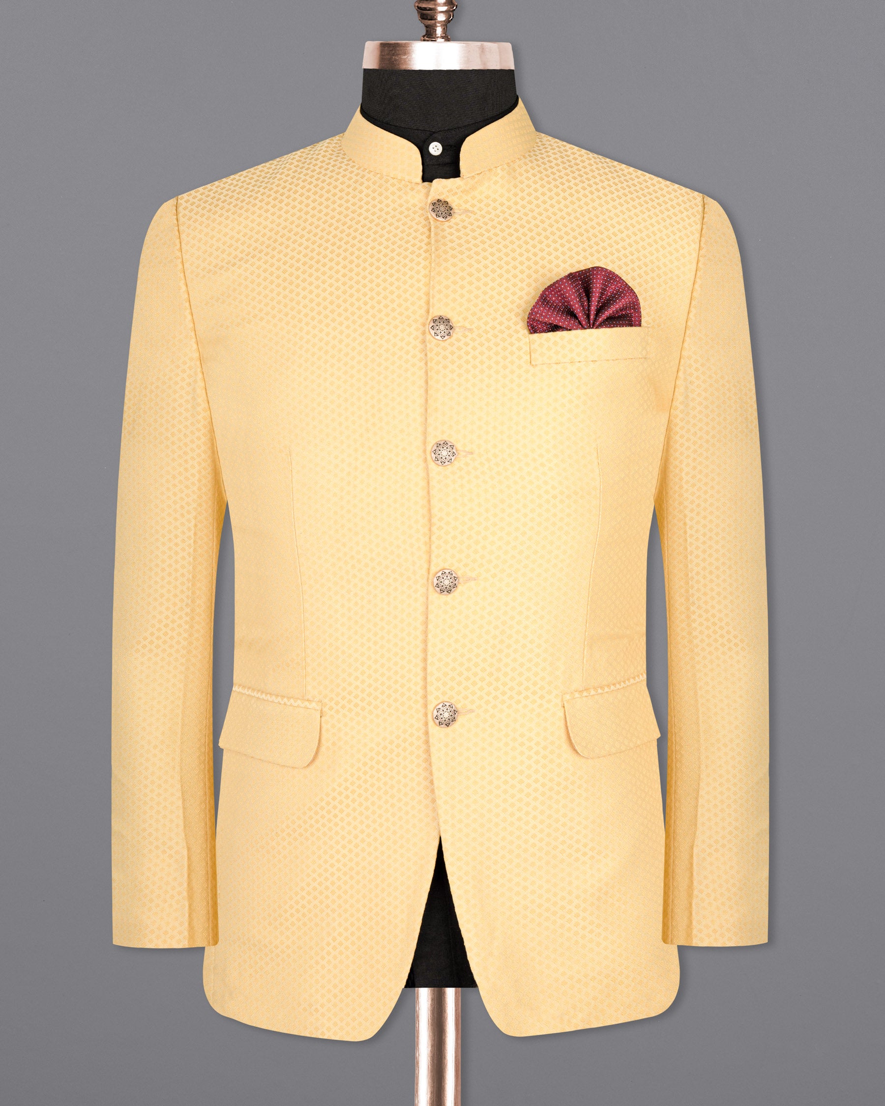 Marzipan Yellow Textured Bandhgala Designer Suit ST1651-BG-36, ST1651-BG-38, ST1651-BG-40, ST1651-BG-42, ST1651-BG-44, ST1651-BG-46, ST1651-BG-48, ST1651-BG-50, ST1651-BG-52, ST1651-BG-54, ST1651-BG-56, ST1651-BG-58, ST1651-BG-60