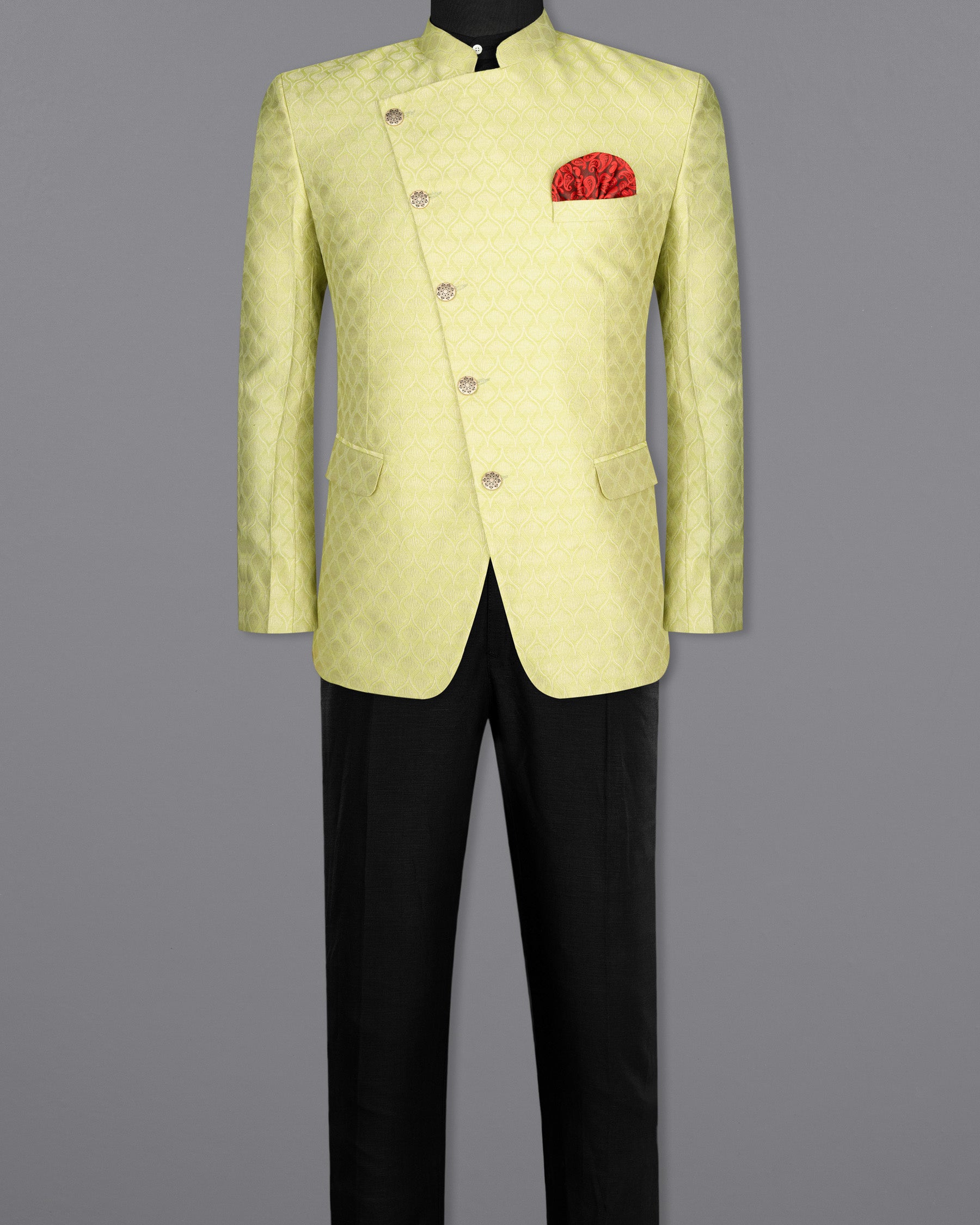 Confetti Green Textured Cross Placket Bandhgala Designer Suit