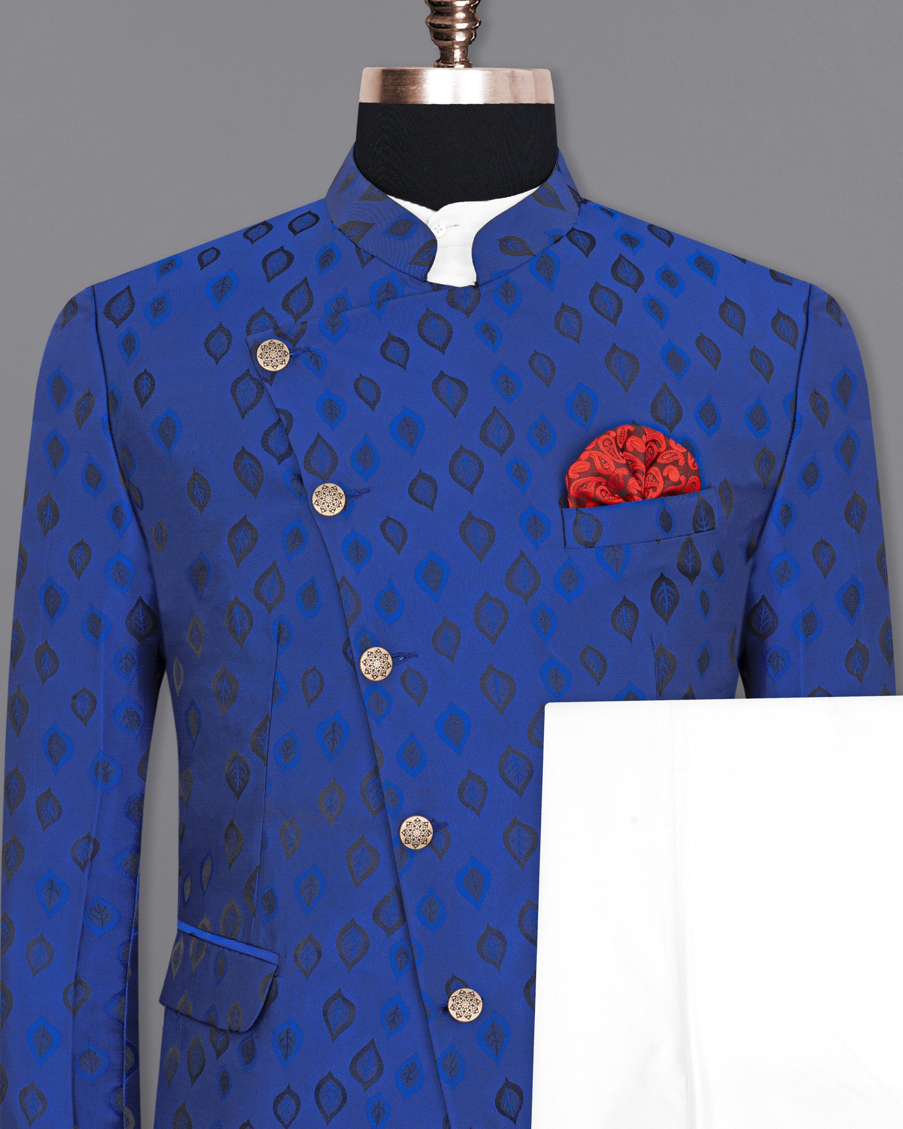 Royal Azure Blue Leaves Jacquard Textured Cross Buttoned Bandhgala Designer Suit ST1678-CBG-38, ST1678-CBG-H-38, ST1678-CBG-39, ST1678-CBG-H-39, ST1678-CBG-40, ST1678-CBG-H-40, ST1678-CBG-42, ST1678-CBG-H-42, ST1678-CBG-44, ST1678-CBG-H-44, ST1678-CBG-46, ST1678-CBG-H-46, ST1678-CBG-48, ST1678-CBG-H-48, ST1678-CBG-50, ST1678-CBG-H-50, ST1678-CBG-52, ST1678-CBG-H-52