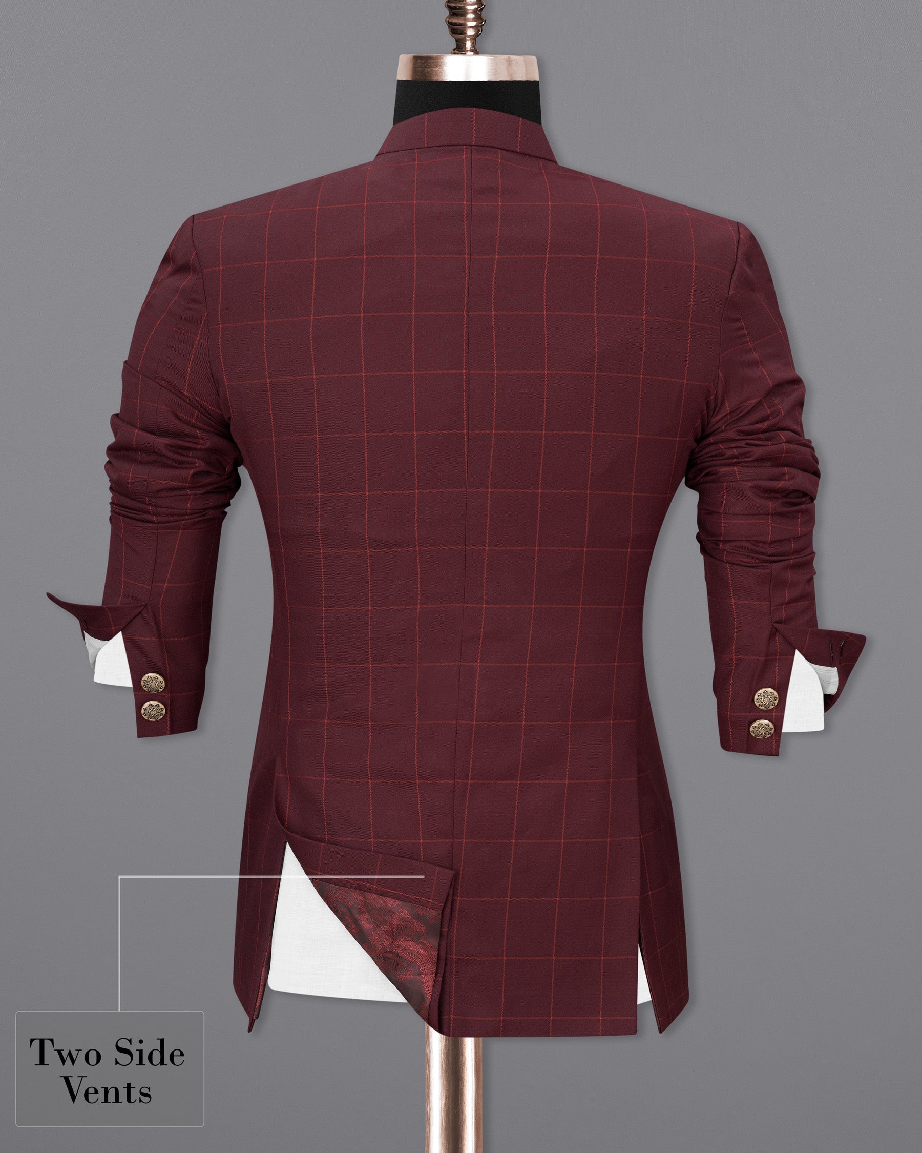 Maroon Oak Windowpane Cross Placket Bandhgala Windowpane Suit