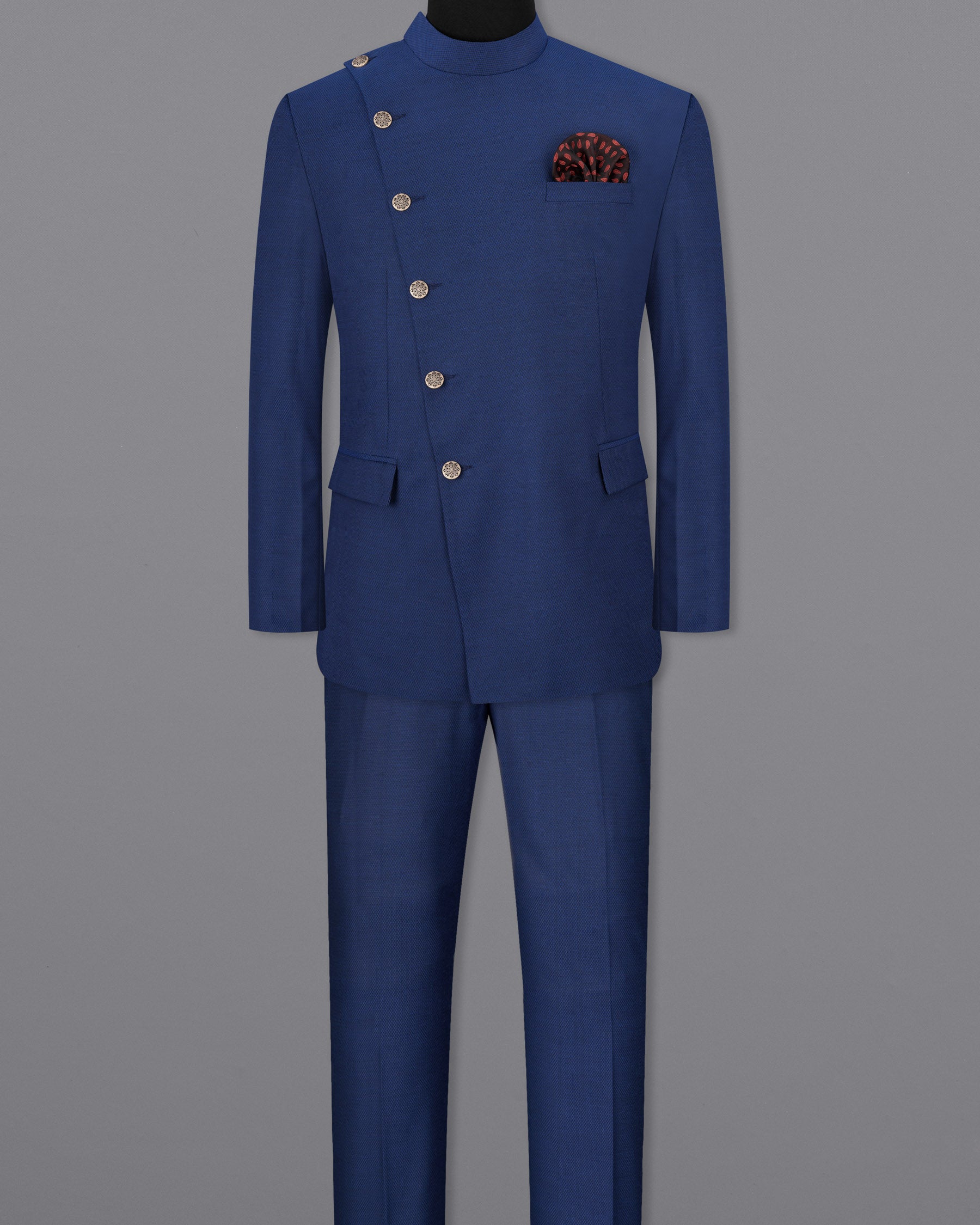 Rhino Blue Self design Cross Placket Bandhgala Suit