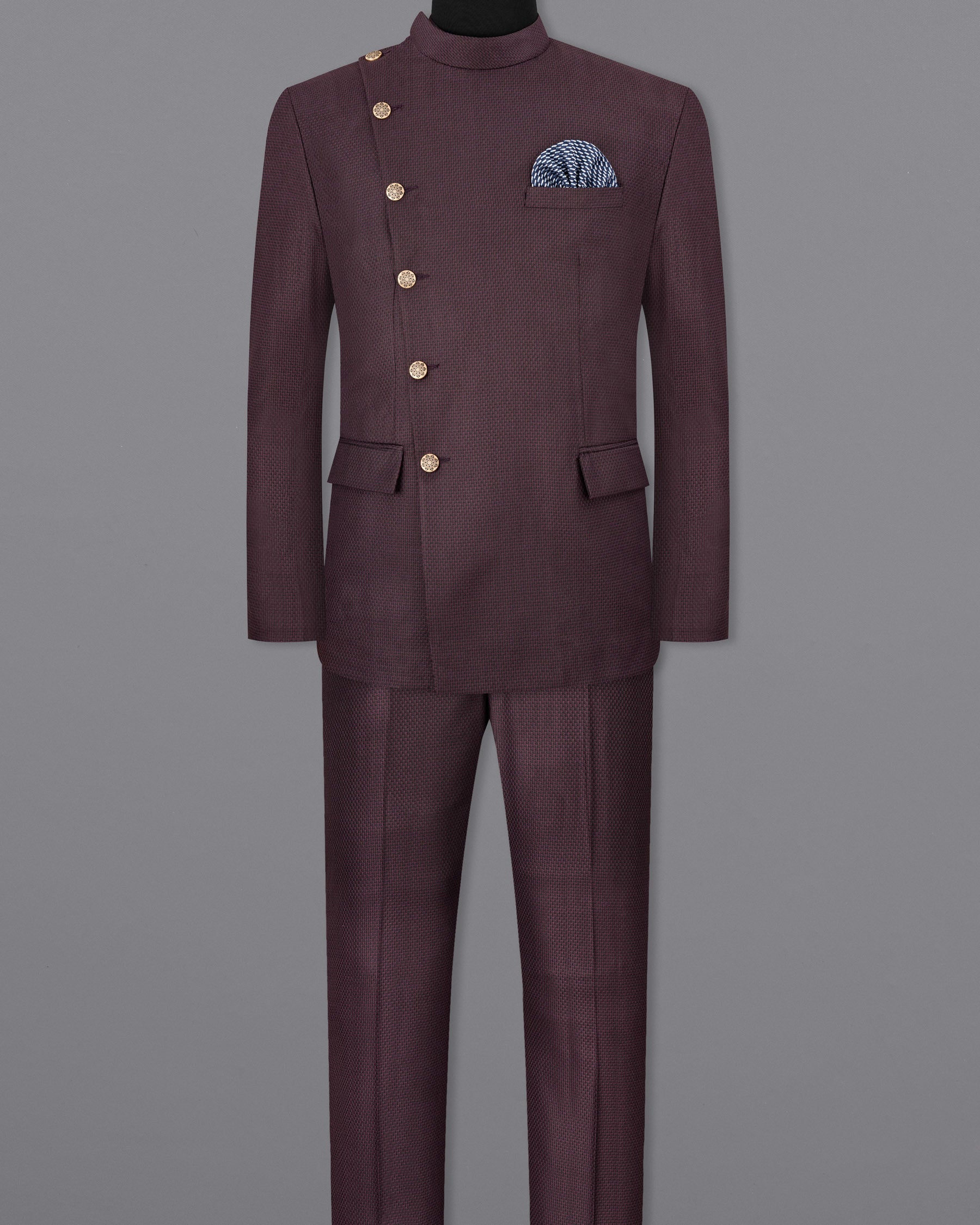 Rose Ebony Textured Cross Buttoned Bandhgala Suit ST1743-CBG2-36, ST1743-CBG2-38, ST1743-CBG2-40, ST1743-CBG2-42, ST1743-CBG2-44, ST1743-CBG2-46, ST1743-CBG2-48, ST1743-CBG2-50, ST1743-CBG2-52, ST1743-CBG2-54, ST1743-CBG2-56, ST1743-CBG2-58, ST1743-CBG2-60