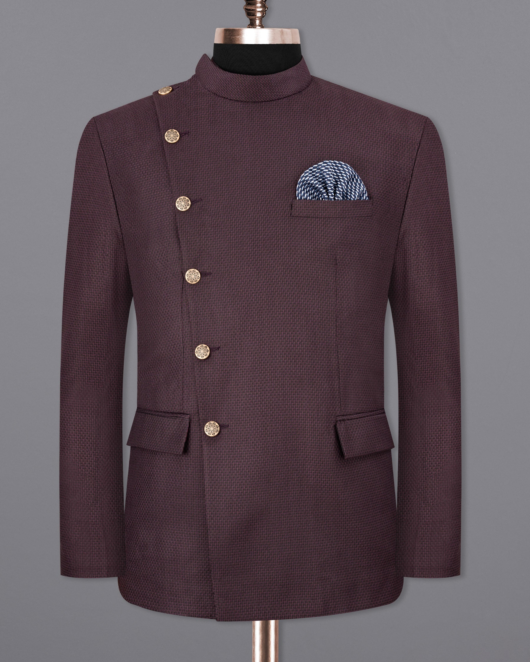 Rose Ebony Textured Cross Buttoned Bandhgala Suit ST1743-CBG2-36, ST1743-CBG2-38, ST1743-CBG2-40, ST1743-CBG2-42, ST1743-CBG2-44, ST1743-CBG2-46, ST1743-CBG2-48, ST1743-CBG2-50, ST1743-CBG2-52, ST1743-CBG2-54, ST1743-CBG2-56, ST1743-CBG2-58, ST1743-CBG2-60