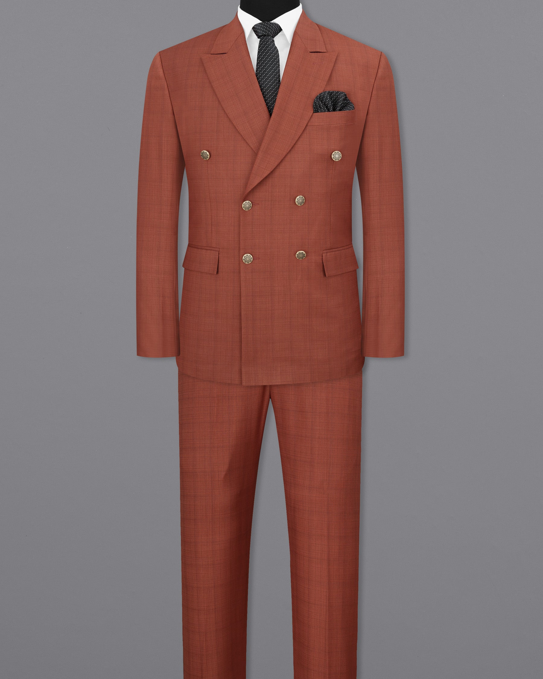 El Salva Burnt Orange Self-design Double Breasted Suit ST1746-DB-GB-36, ST1746-DB-GB-38, ST1746-DB-GB-40, ST1746-DB-GB-42, ST1746-DB-GB-44, ST1746-DB-GB-46, ST1746-DB-GB-48, ST1746-DB-GB-50, ST1746-DB-GB-52, ST1746-DB-GB-54, ST1746-DB-GB-56, ST1746-DB-GB-58, ST1746-DB-GB-60