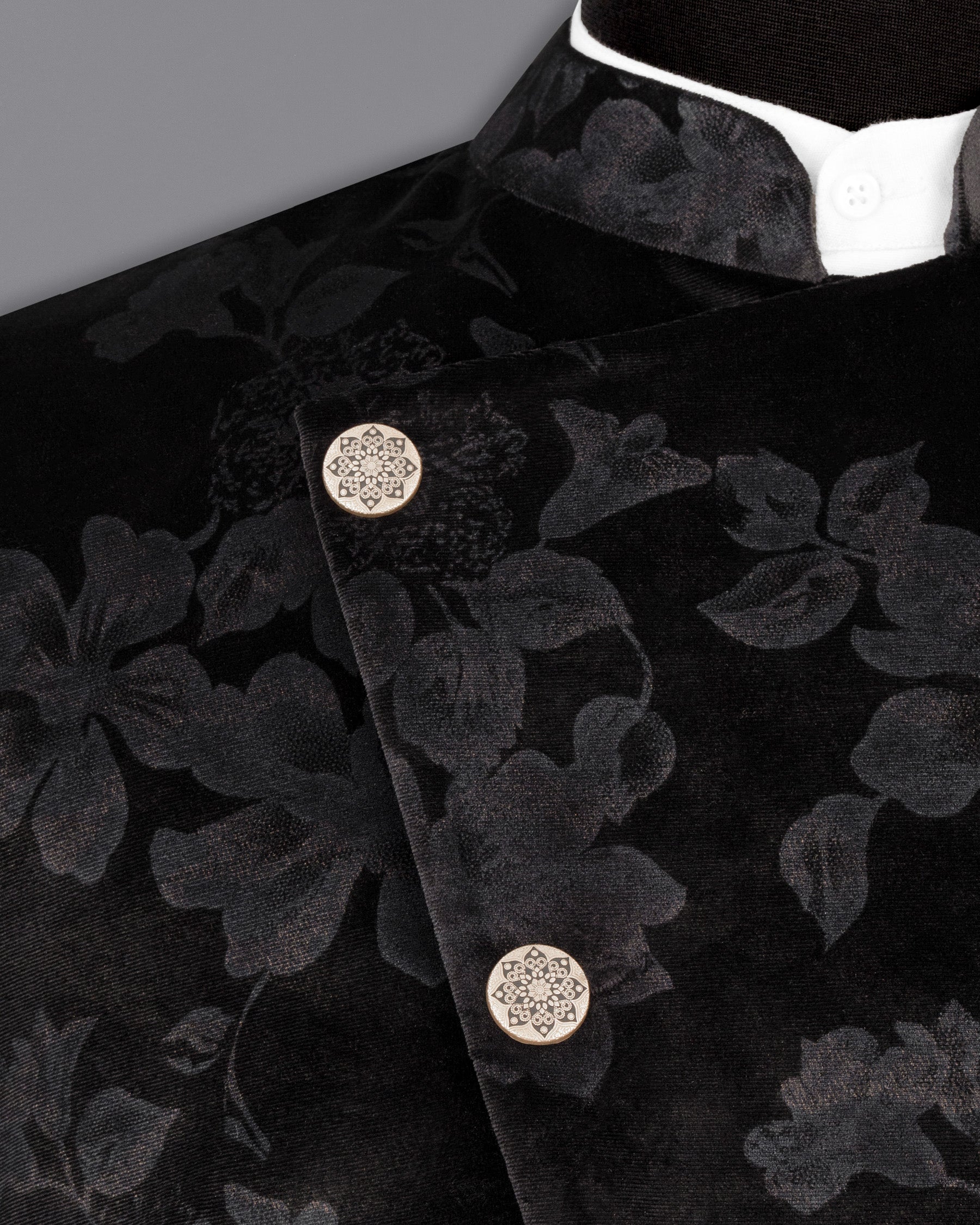 Jade Black Damask Inspired velvet Designed Cross-Buttoned Bandhgala Suit ST1804-CBG-36, ST1804-CBG-38, ST1804-CBG-40, ST1804-CBG-42, ST1804-CBG-44, ST1804-CBG-46, ST1804-CBG-48, ST1804-CBG-50, ST1804-CBG-52, ST1804-CBG-54, ST1804-CBG-56, ST1804-CBG-58, ST1804-CBG-60