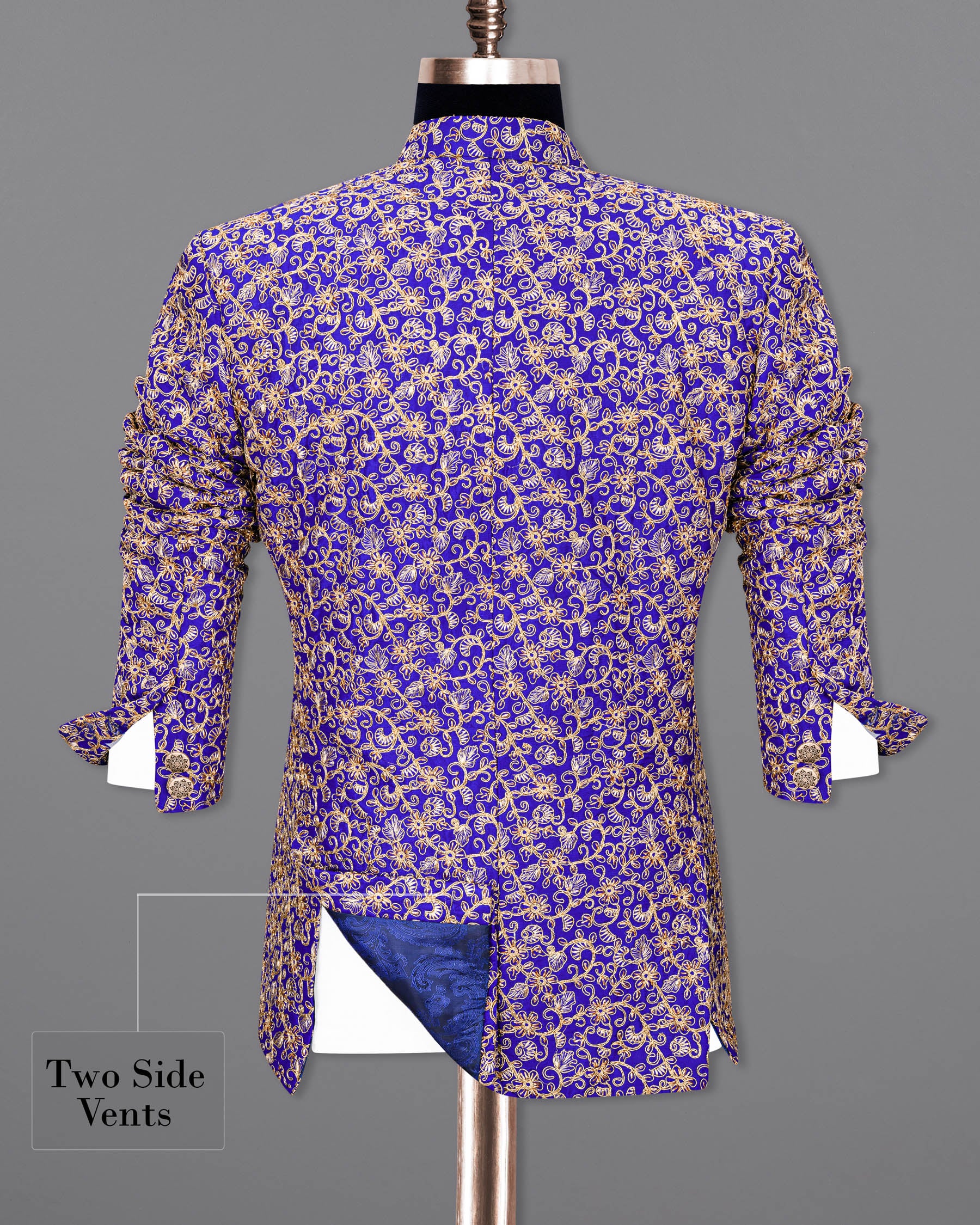 Sapphire Blue and Fawn Embroidery Cross-Buttoned Bandhgala Designer Suit ST1813-CBG-36, ST1813-CBG-38, ST1813-CBG-40, ST1813-CBG-42, ST1813-CBG-44, ST1813-CBG-46, ST1813-CBG-48, ST1813-CBG-50, ST1813-CBG-52, ST1813-CBG-54, ST1813-CBG-56, ST1813-CBG-58, ST1813-CBG-60