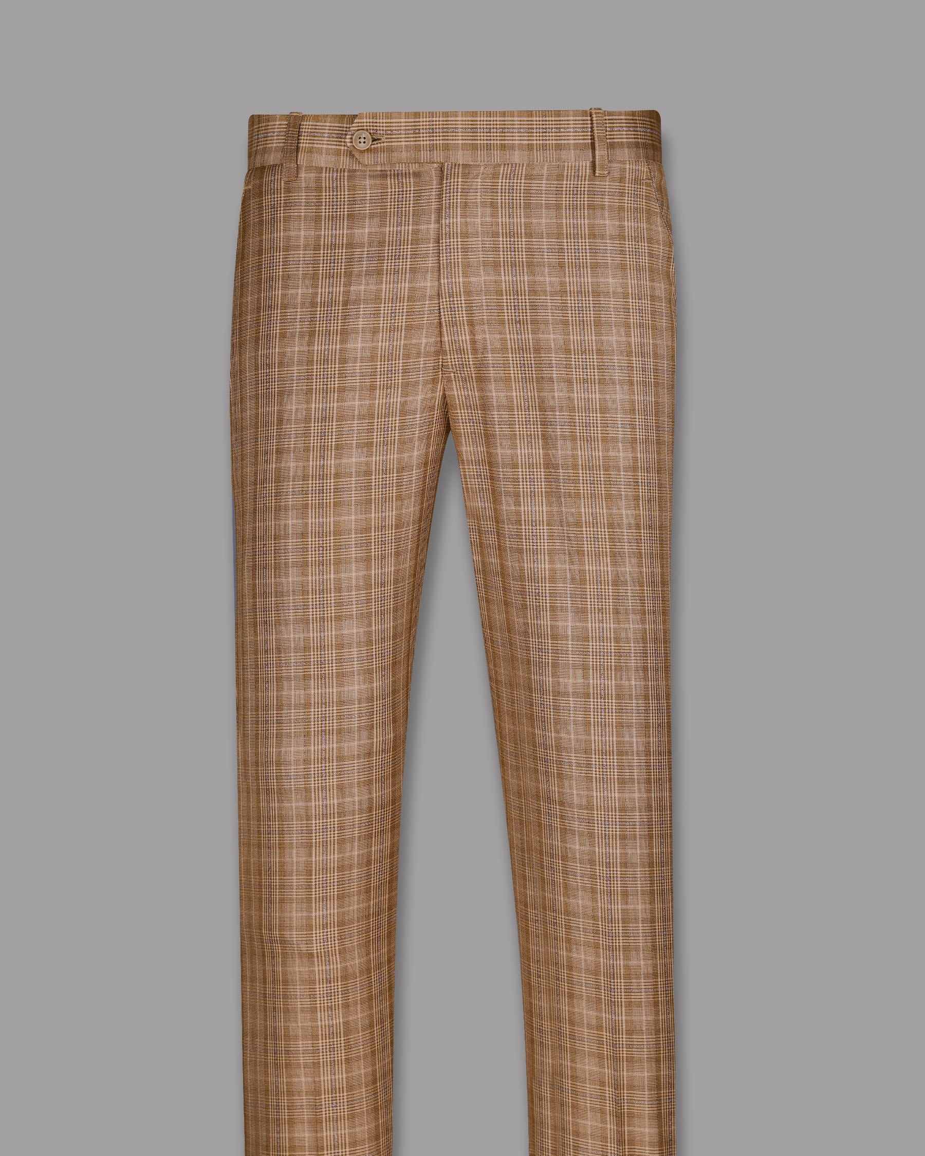 Camel Plaid Cross Placket Bandhgala/Mandarin Suit