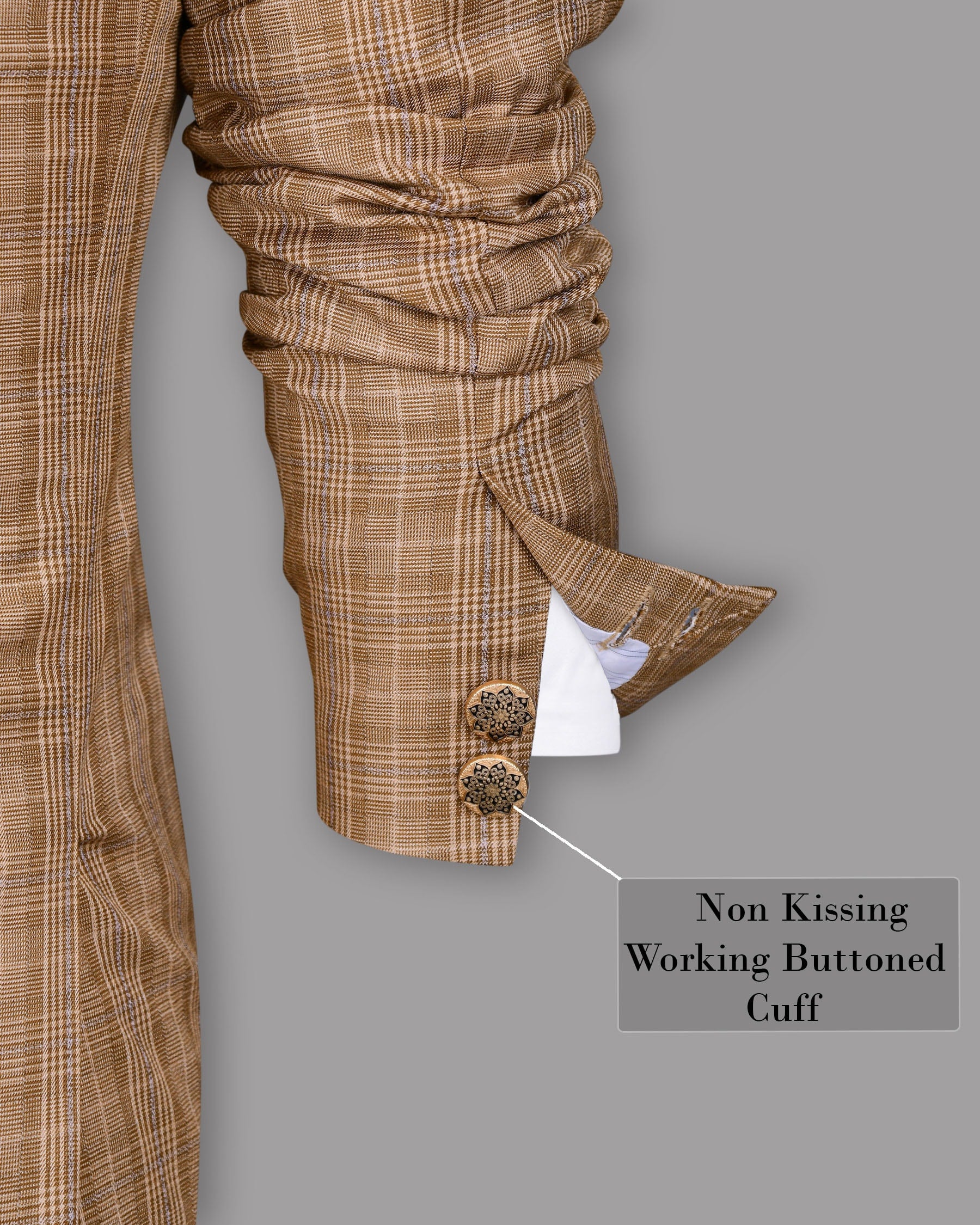 Camel Plaid Cross Placket Bandhgala/Mandarin Suit