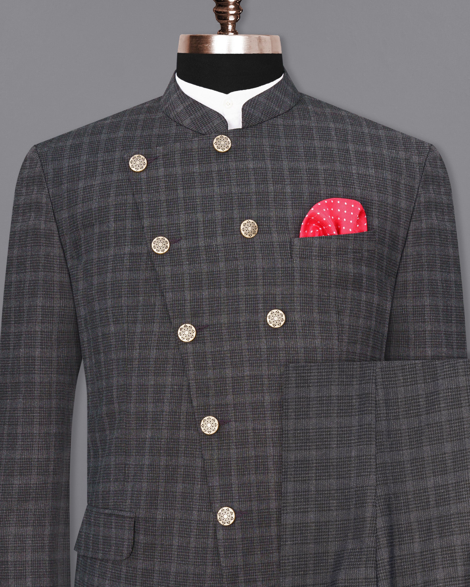 Iridium Plaid Cross Buttoned Bandhgala Suit ST1848-CBG3-36, ST1848-CBG3-38, ST1848-CBG3-40, ST1848-CBG3-42, ST1848-CBG3-44, ST1848-CBG3-46, ST1848-CBG3-48, ST1848-CBG3-50, ST1848-CBG3-52, ST1848-CBG3-54, ST1848-CBG3-56, ST1848-CBG3-58, ST1848-CBG3-60