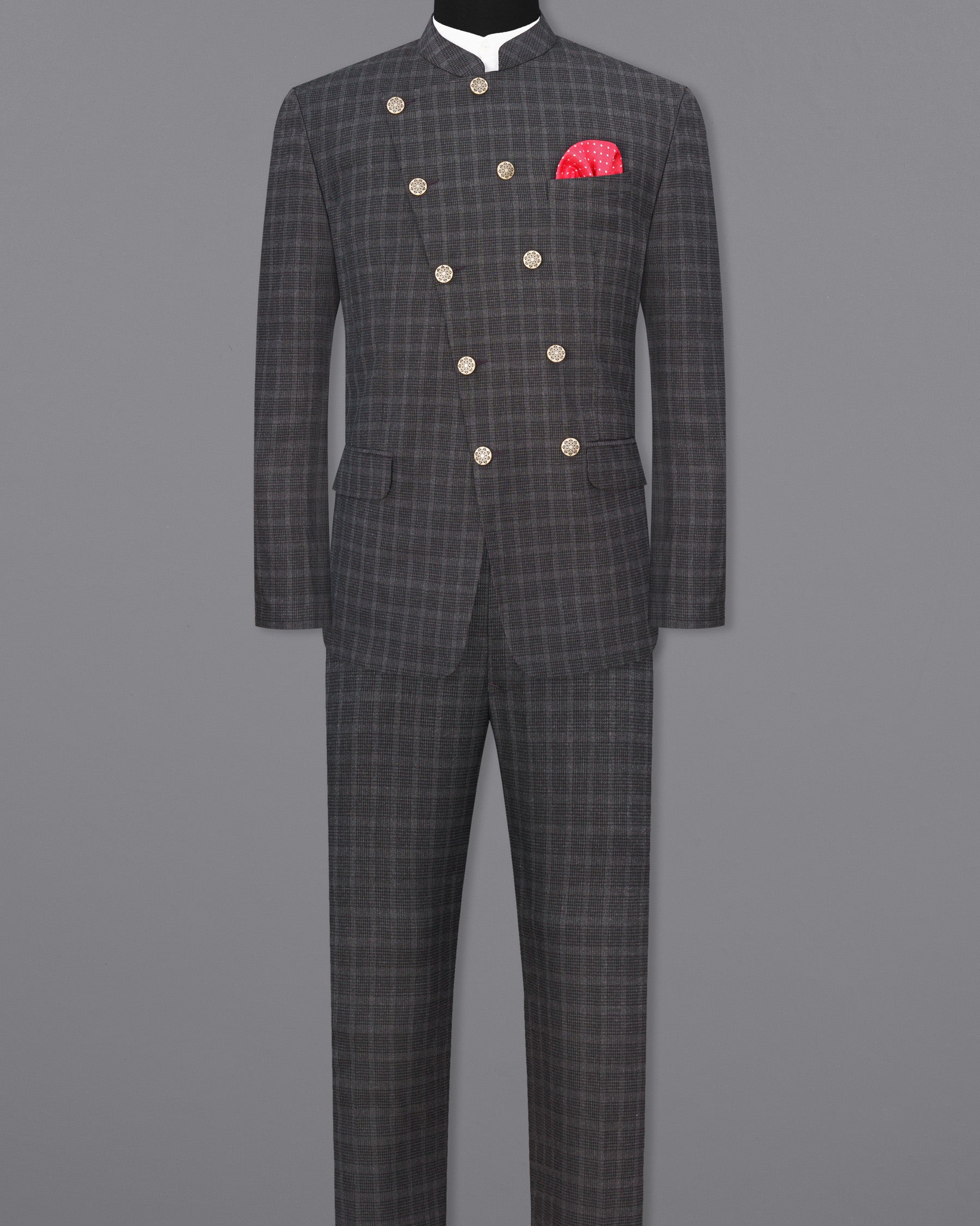 Iridium Plaid Cross Buttoned Bandhgala Suit ST1848-CBG3-36, ST1848-CBG3-38, ST1848-CBG3-40, ST1848-CBG3-42, ST1848-CBG3-44, ST1848-CBG3-46, ST1848-CBG3-48, ST1848-CBG3-50, ST1848-CBG3-52, ST1848-CBG3-54, ST1848-CBG3-56, ST1848-CBG3-58, ST1848-CBG3-60