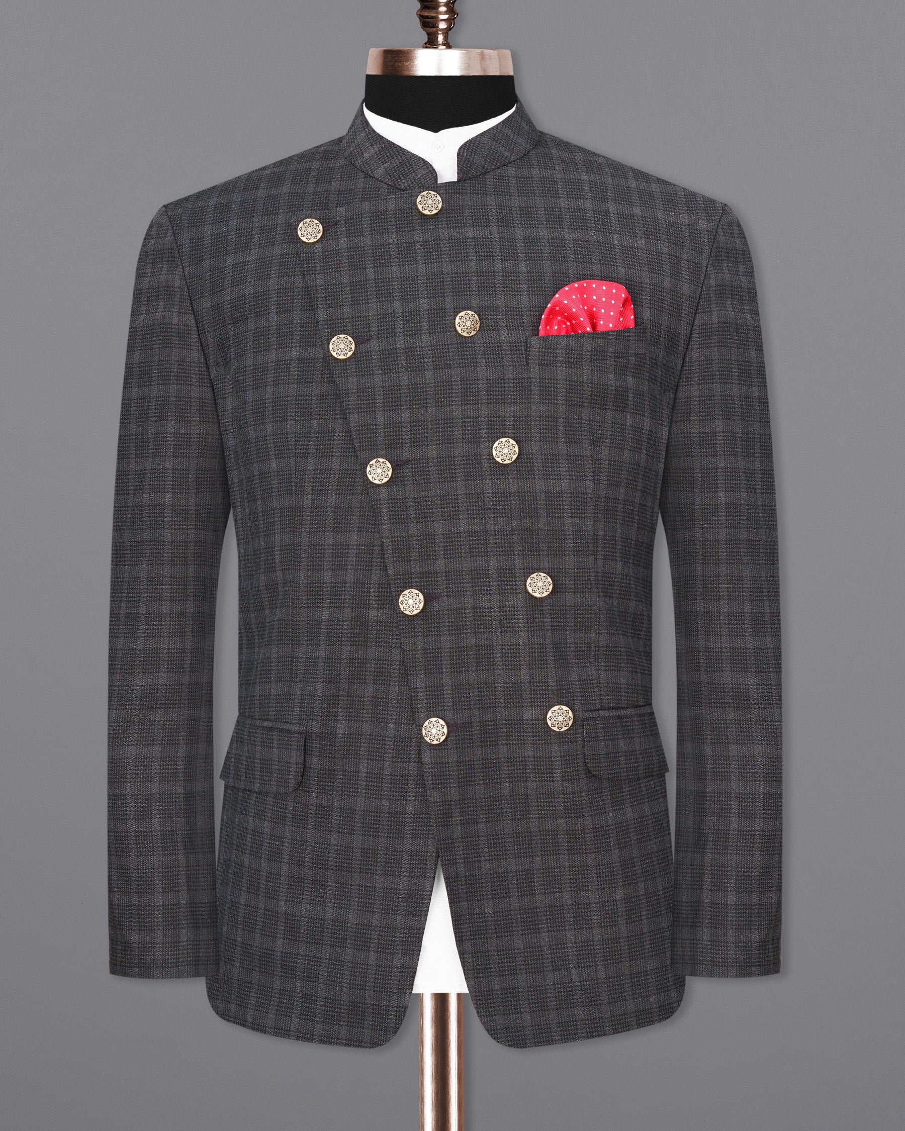 Iridium Plaid Cross Buttoned Bandhgala Suit ST1848-CBG3-36, ST1848-CBG3-38, ST1848-CBG3-40, ST1848-CBG3-42, ST1848-CBG3-44, ST1848-CBG3-46, ST1848-CBG3-48, ST1848-CBG3-50, ST1848-CBG3-52, ST1848-CBG3-54, ST1848-CBG3-56, ST1848-CBG3-58, ST1848-CBG3-60