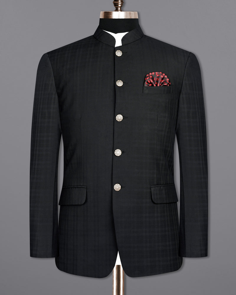 Jade Black Subtle Plaid Bandhgala Suit