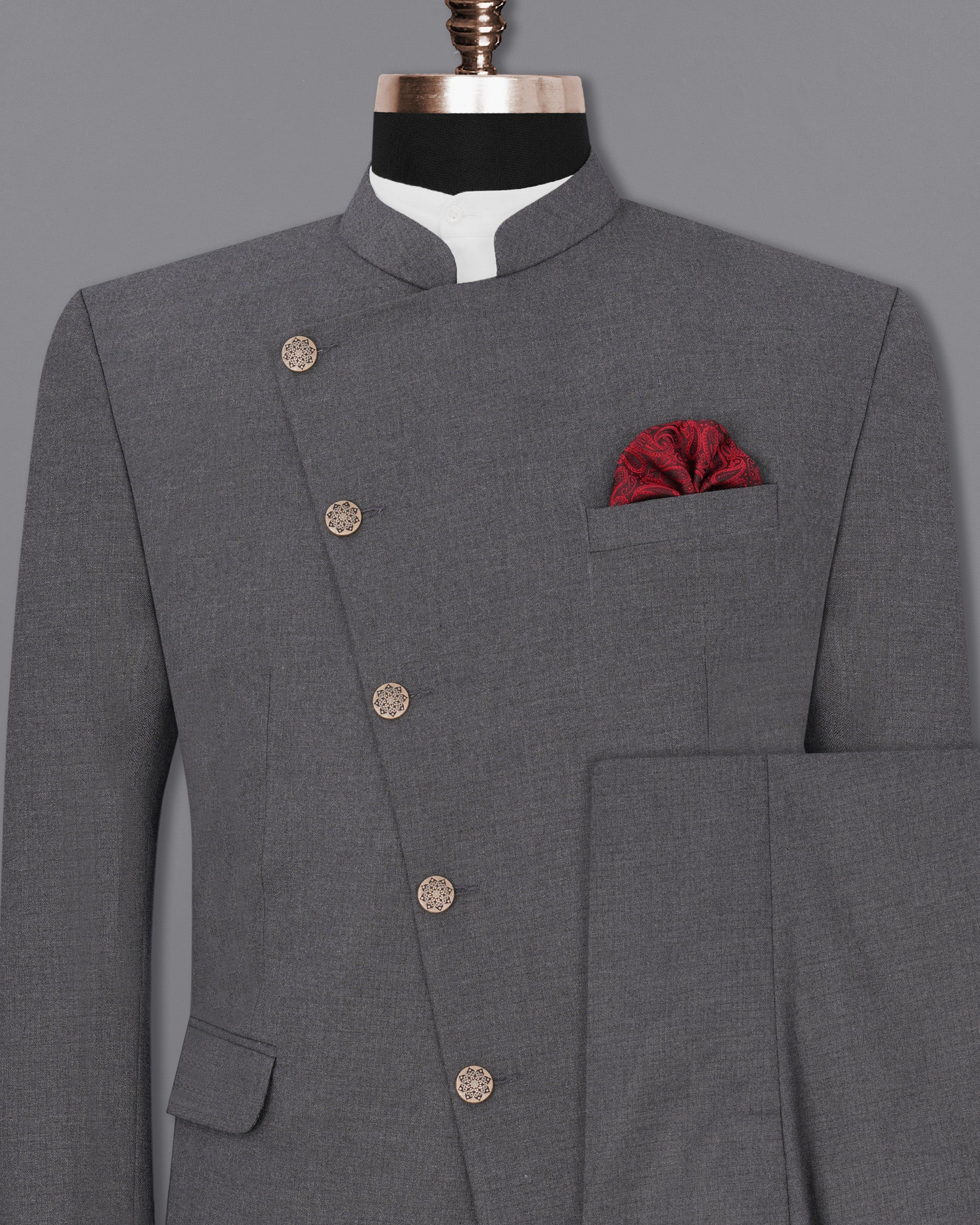Vampire Gray Cross Buttoned Bandhgala Suit ST1903-CBG-36, ST1903-CBG-38, ST1903-CBG-40, ST1903-CBG-42, ST1903-CBG-44, ST1903-CBG-46, ST1903-CBG-48, ST1903-CBG-50, ST1903-CBG-52, ST1903-CBG-54, ST1903-CBG-56, ST1903-CBG-58, ST1903-CBG-60