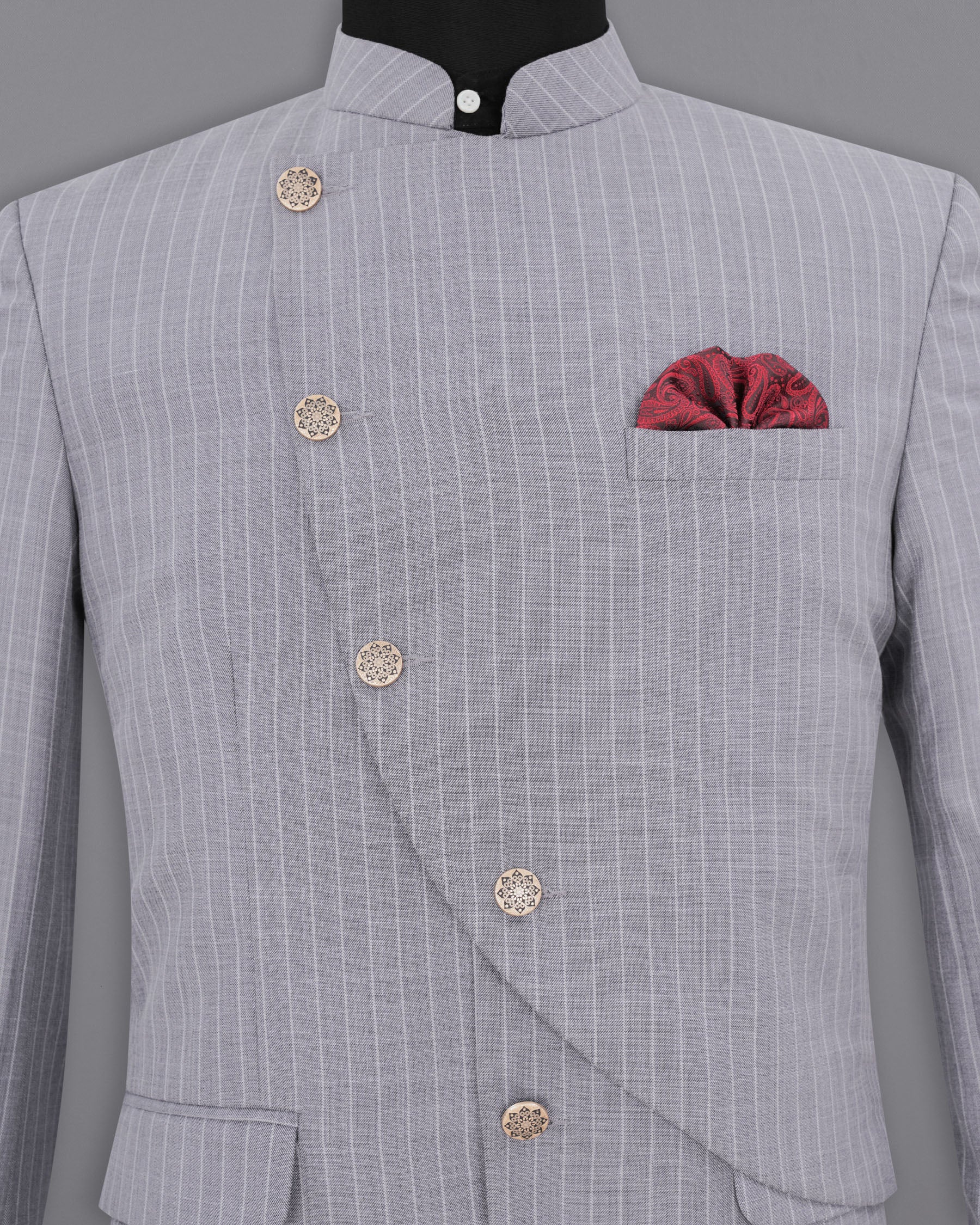 Mobster Grey Striped Cross Buttoned Bandhgala Designer Suits ST1905-CBG-D44-36, ST1905-CBG-D44-38, ST1905-CBG-D44-40, ST1905-CBG-D44-42, ST1905-CBG-D44-44, ST1905-CBG-D44-46, ST1905-CBG-D44-48, ST1905-CBG-D44-50, ST1905-CBG-D44-52, ST1905-CBG-D44-54, ST1905-CBG-D44-56, ST1905-CBG-D44-58, ST1905-CBG-D44-60
