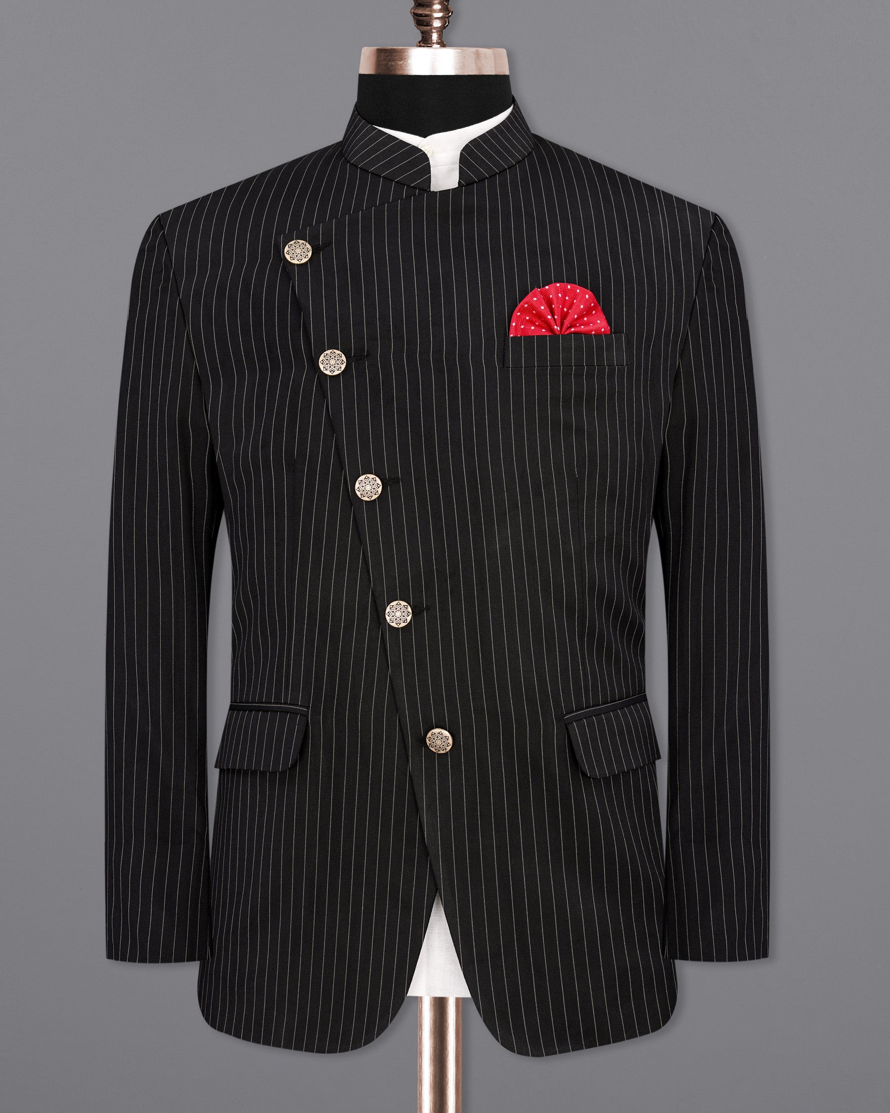 Jade Black Striped Cross Buttoned Bandhgala Suit ST1908-CBG-36, ST1908-CBG-38, ST1908-CBG-40, ST1908-CBG-42, ST1908-CBG-44, ST1908-CBG-46, ST1908-CBG-48, ST1908-CBG-50, ST1908-CBG-52, ST1908-CBG-54, ST1908-CBG-56, ST1908-CBG-58, ST1908-CBG-60