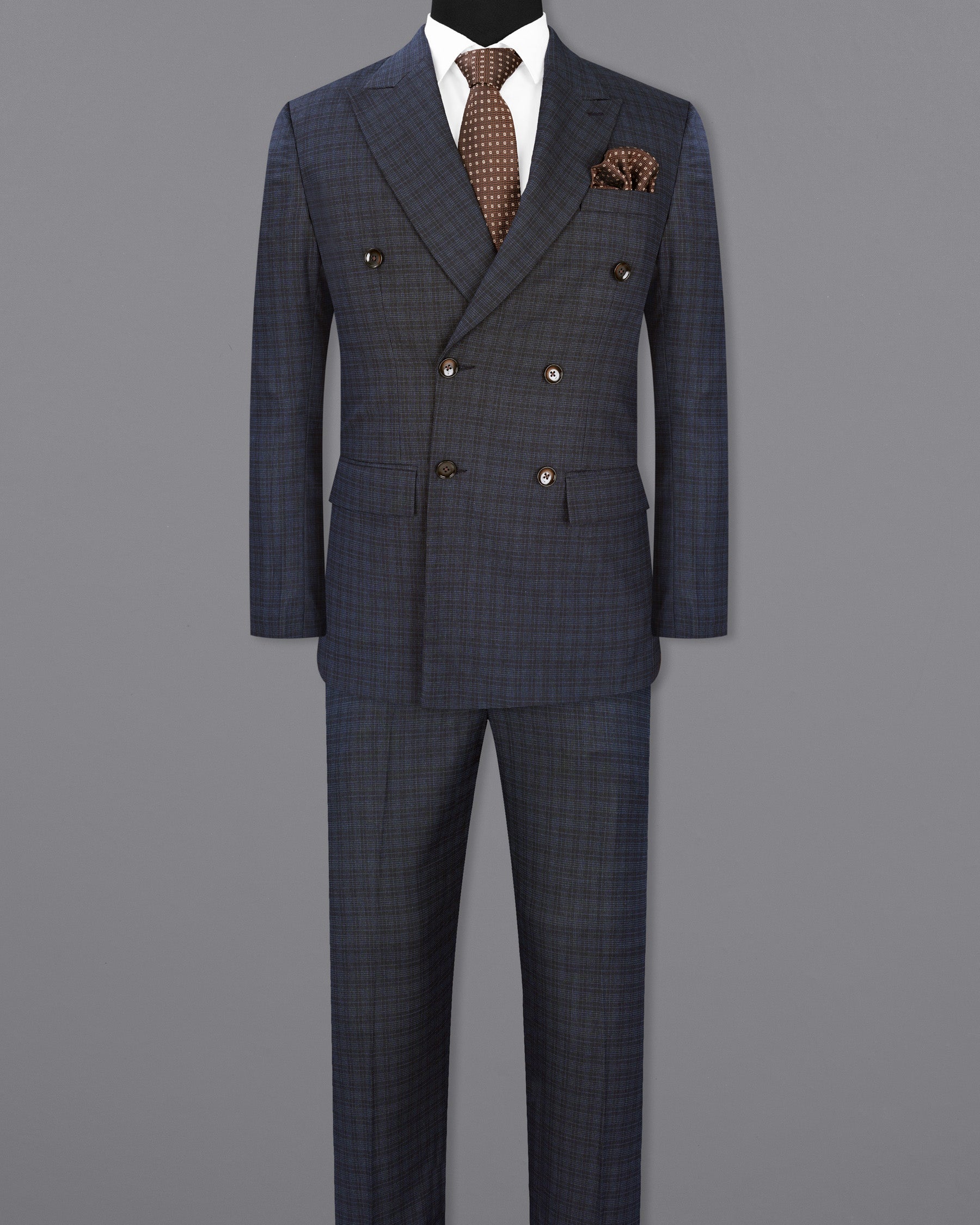 Ebony Clay Gray and Metallic Blue Plaid Double-Breasted Suit