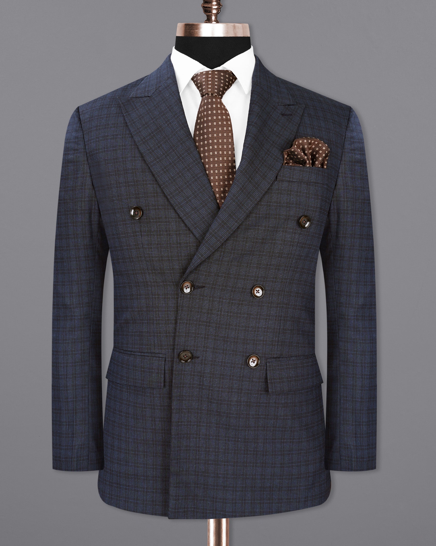 Ebony Clay Gray and Metallic Blue Plaid Double-Breasted Suit