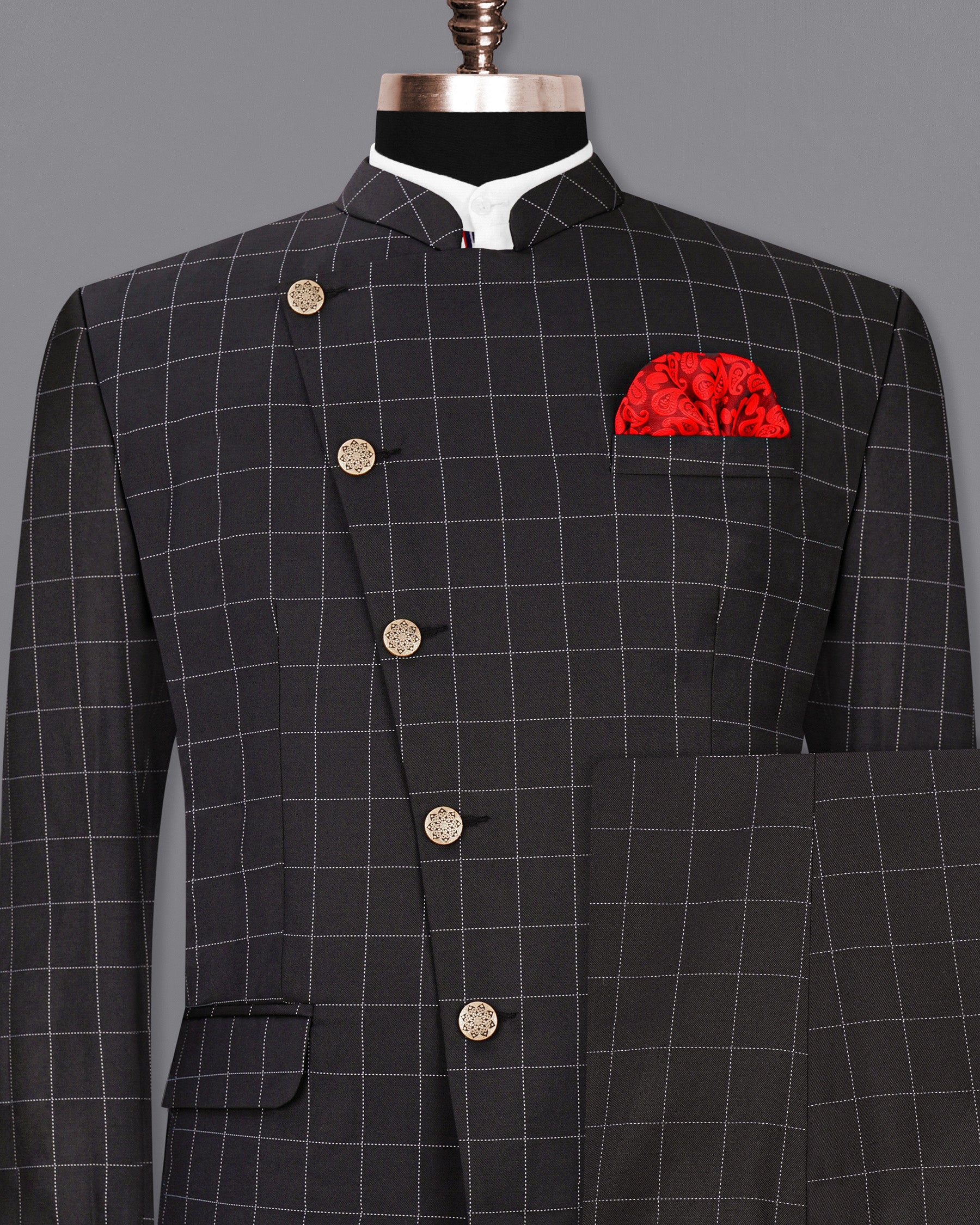 Jade Black windowpane Cross Placket Bandhgala Suit
