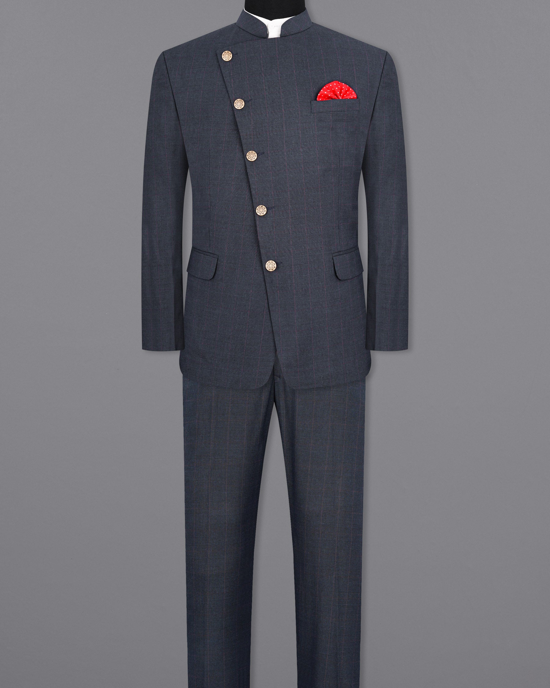 Ebony Subtle Plaid Cross Placket Bandhgala Suit