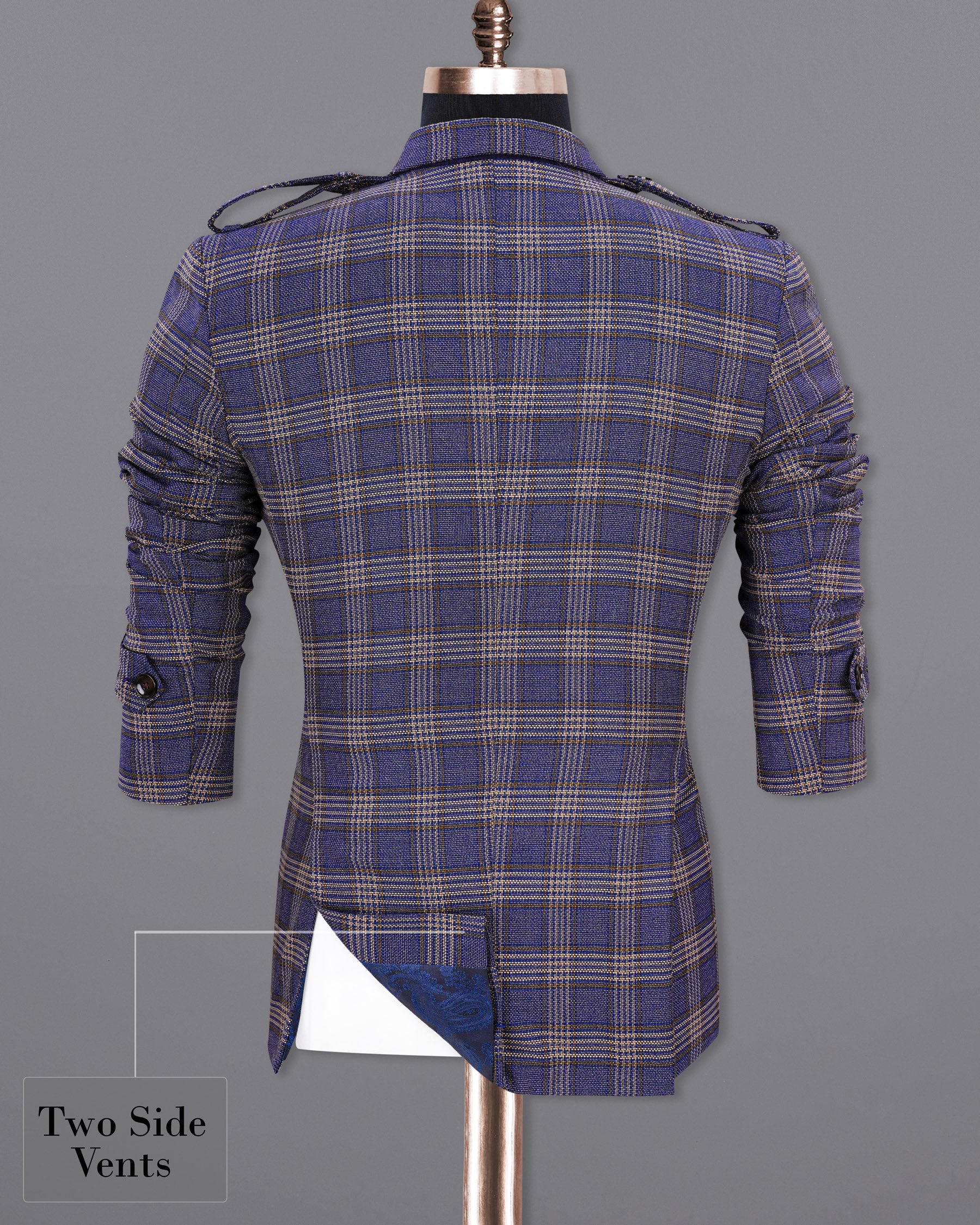 Meteorite Navy Blue with Tide Brown Plaid Double Breasted Designer Suit