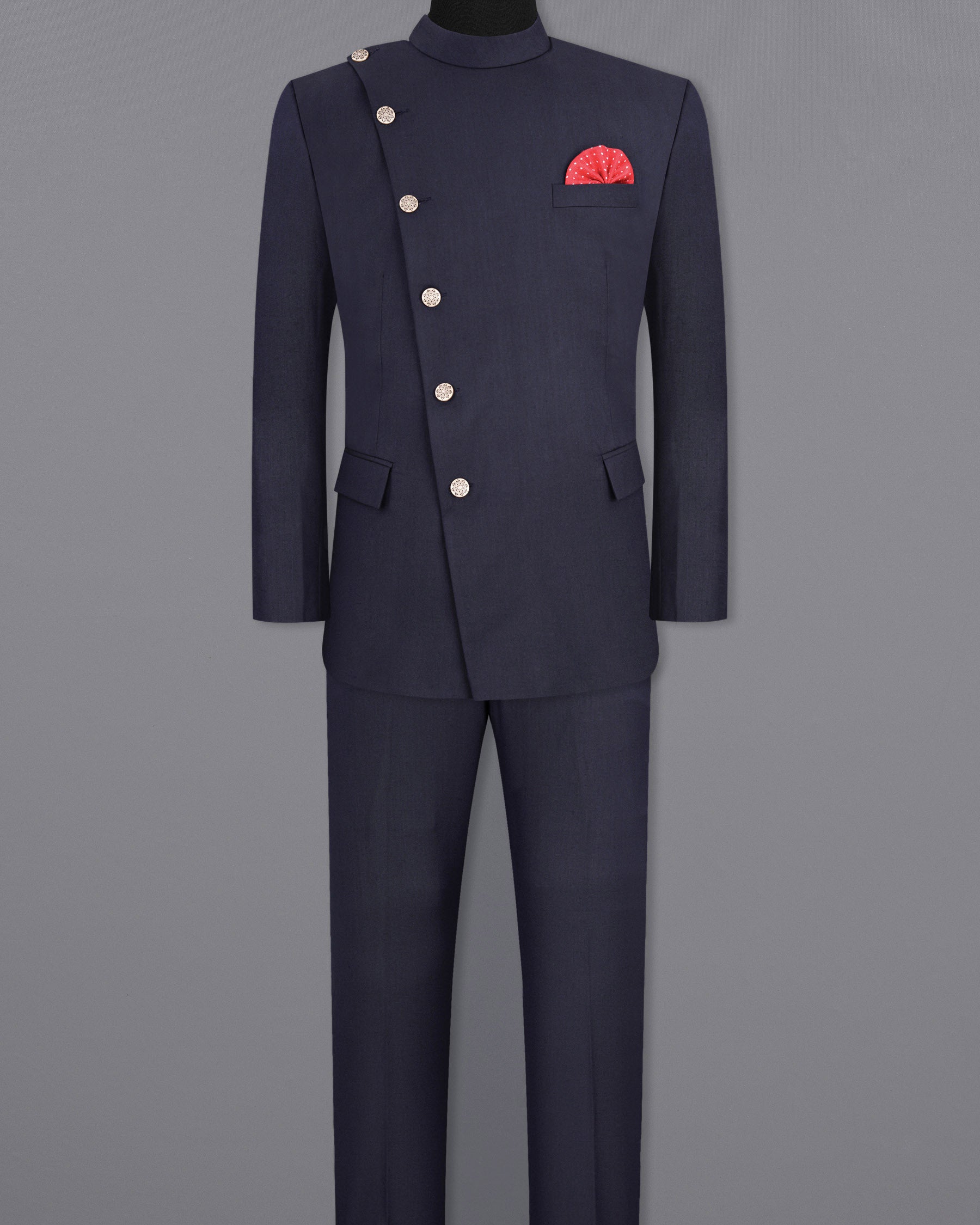 Gunmetal Blue Cross Placket Bandhgala Suit