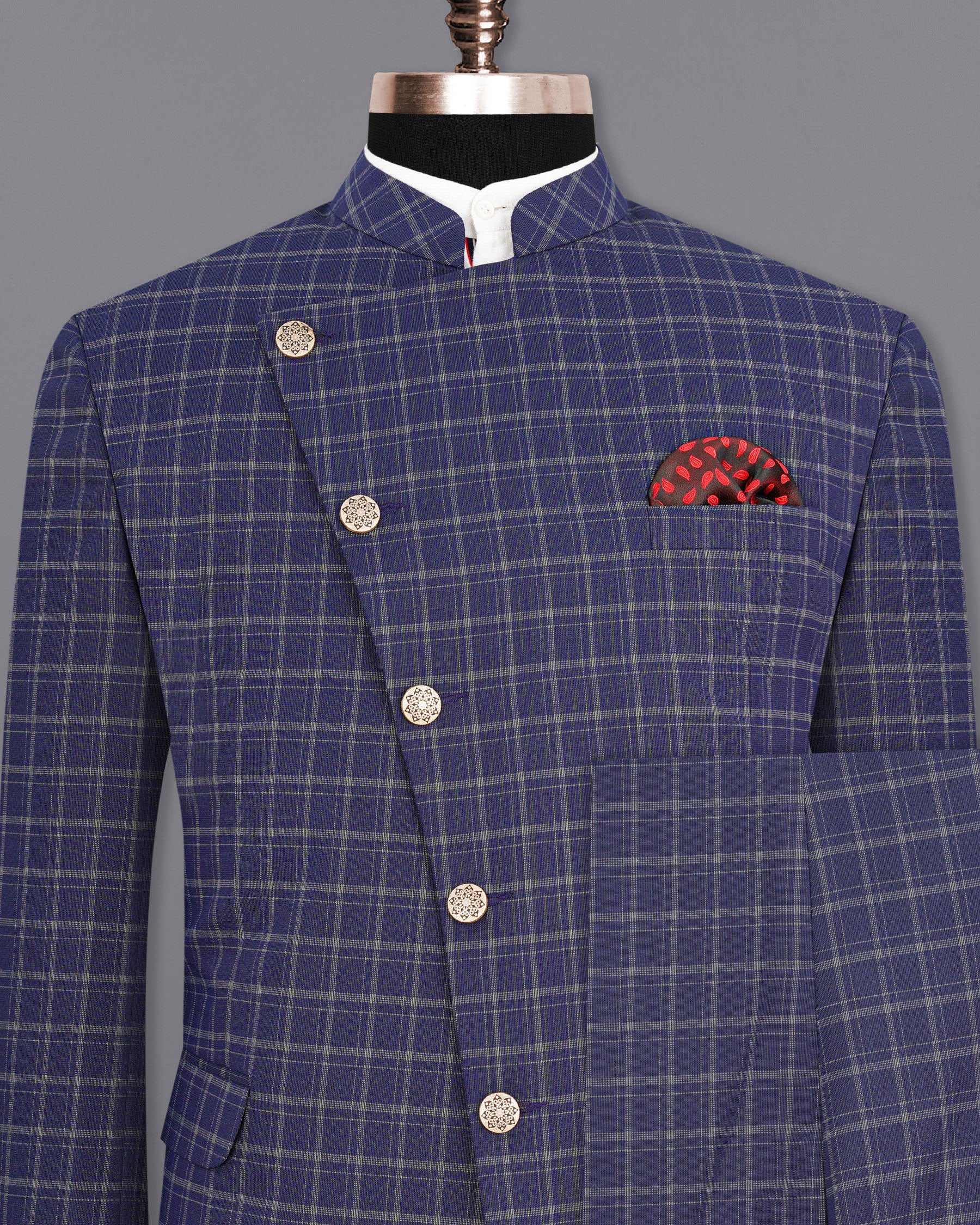 Mulled Wine Blue With Casper Gray Checkered Cross Placket Bandhgala Suit