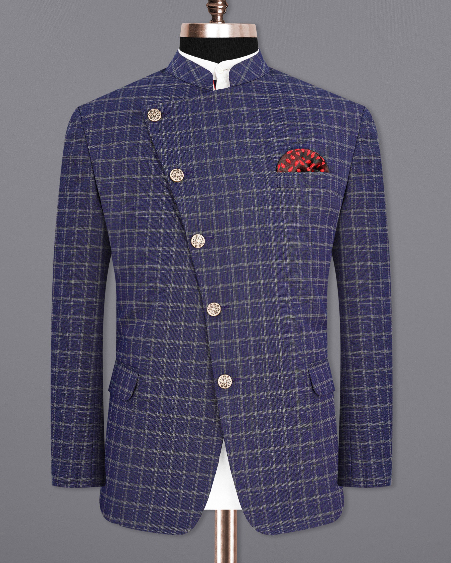 Mulled Wine Blue With Casper Gray Checkered Cross Placket Bandhgala Suit