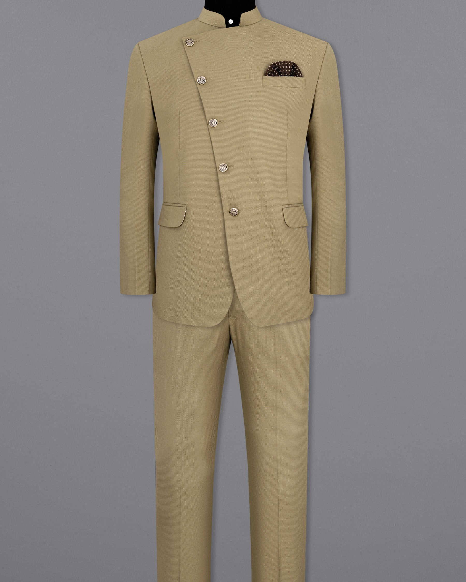 Sandrift Beige Cross Placket Bandhgala Suit