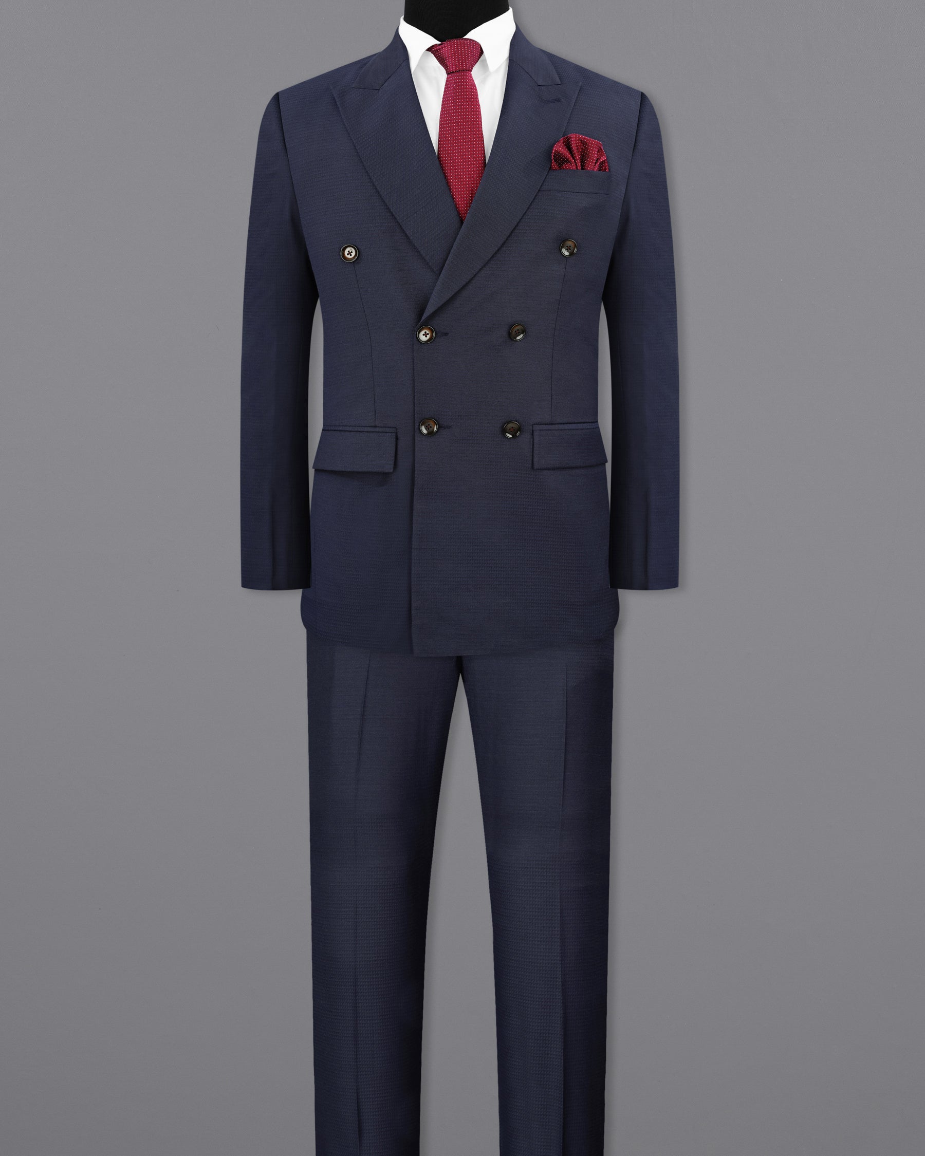 Tuna Navy Blue Micro Triangle Textured Double Breasted Suit