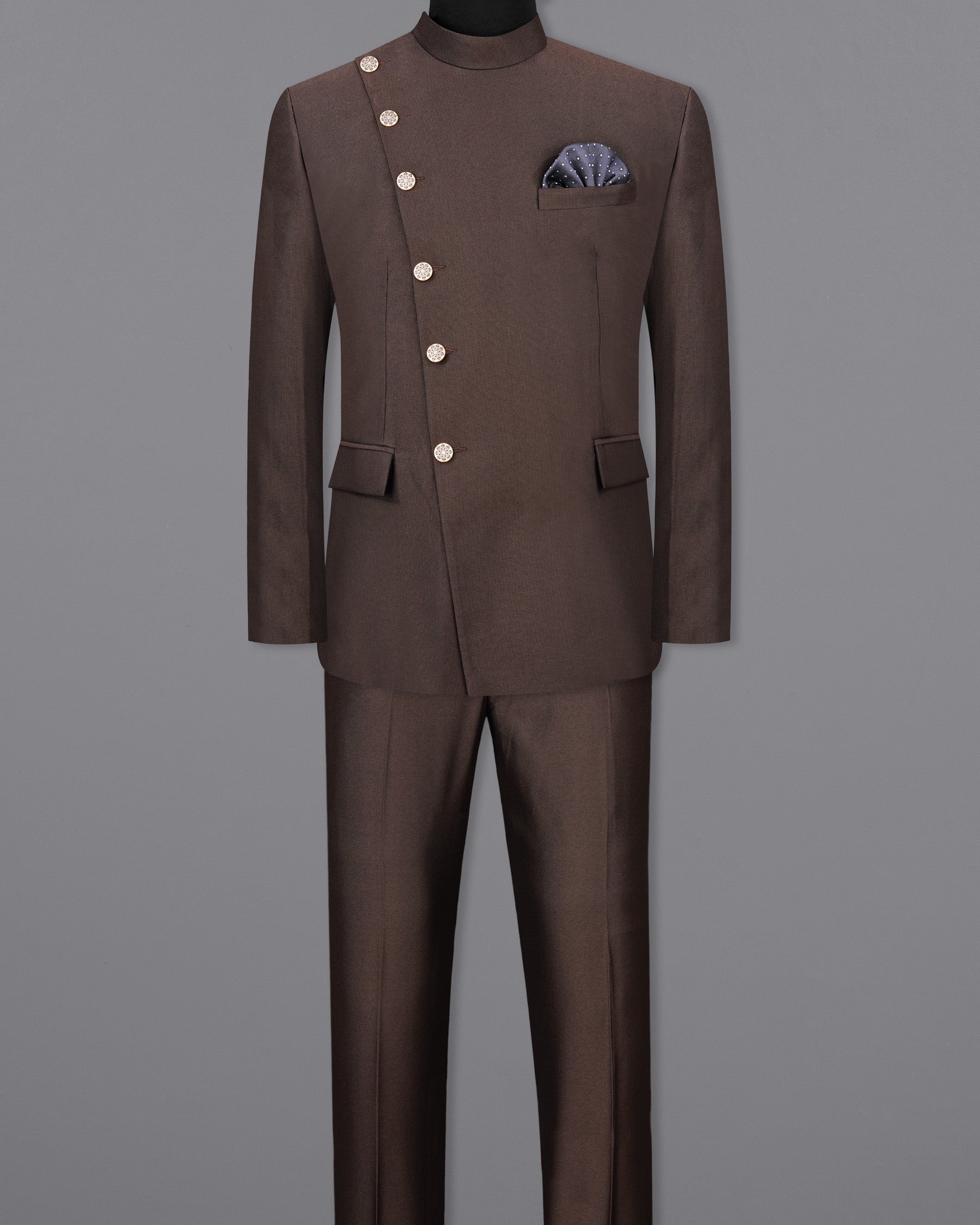 English Walnut Brown Cross Placket Bandhgala Suit