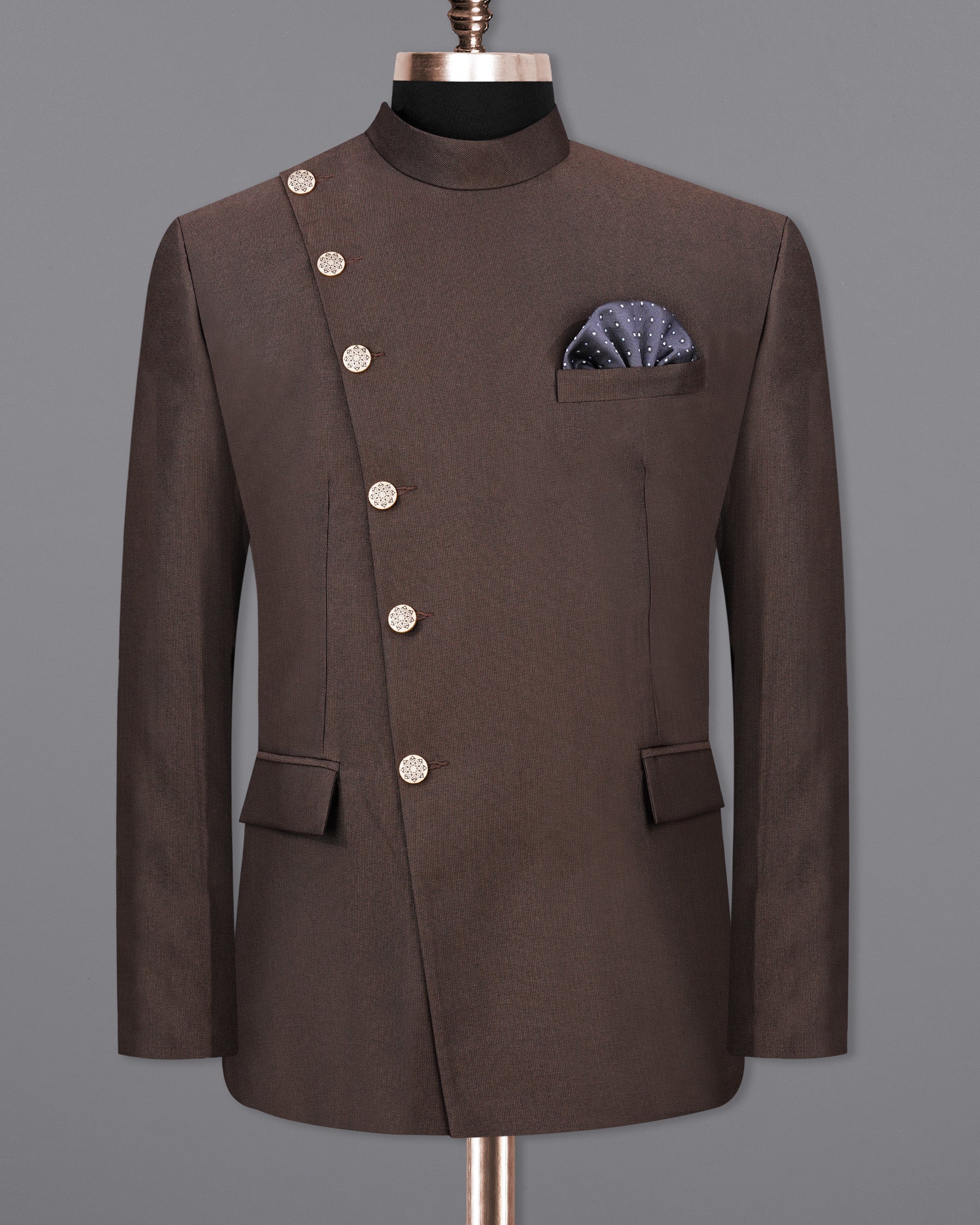 English Walnut Brown Cross Placket Bandhgala Suit