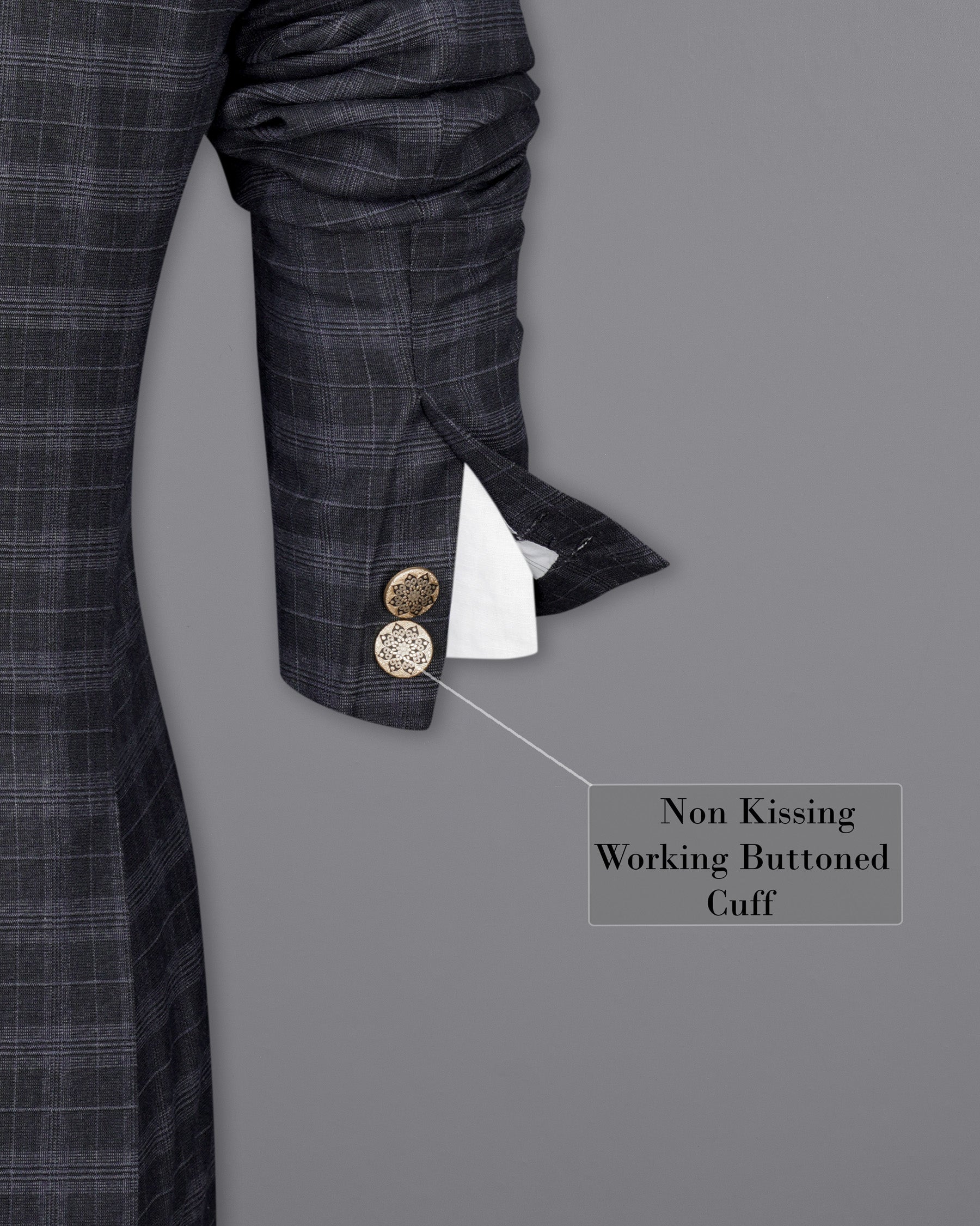 Iridium Dark Gray With Mobster Gray Plaid Cross Placket Bandhgala Suit