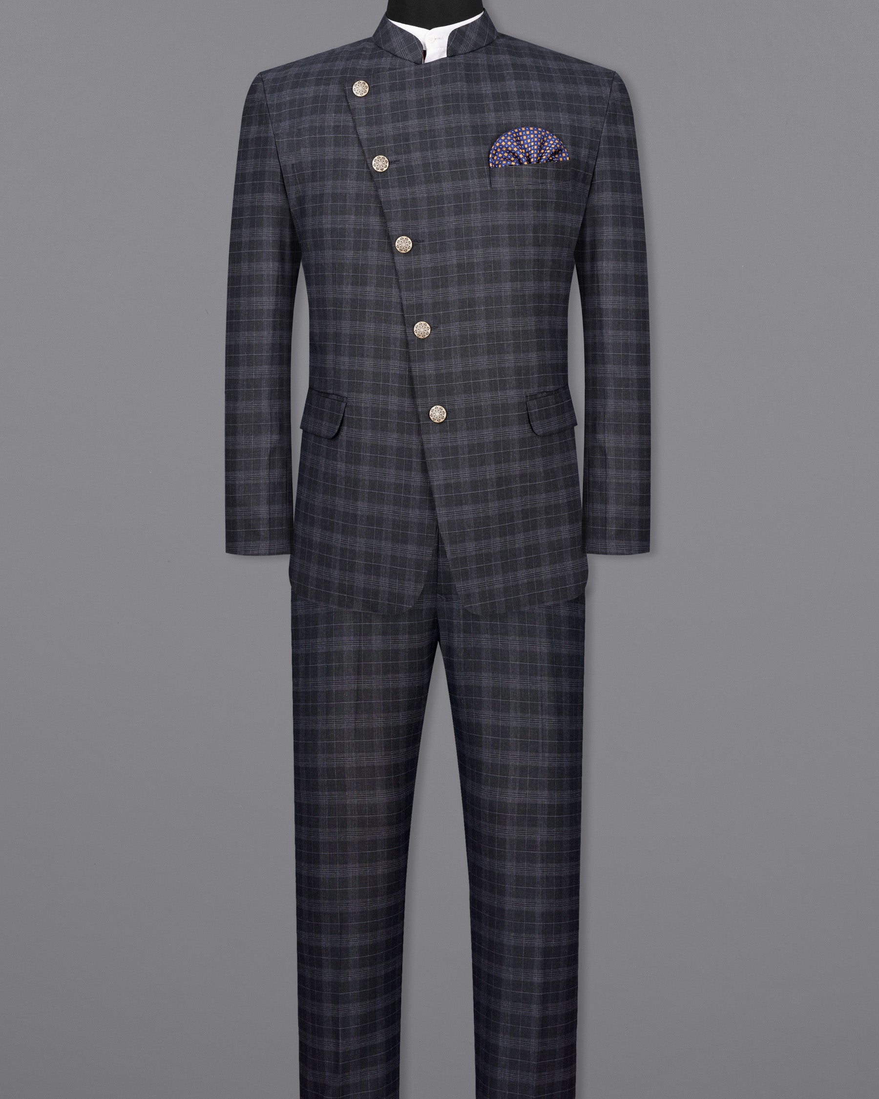 Iridium Dark Gray With Mobster Gray Plaid Cross Placket Bandhgala Suit