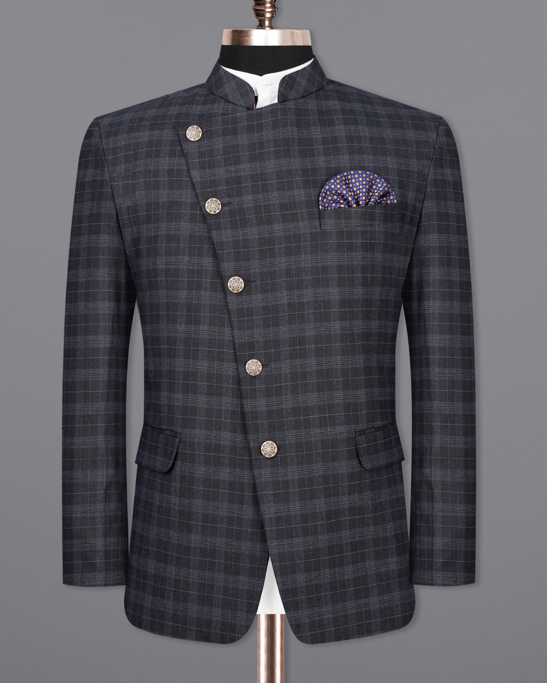 Iridium Dark Gray With Mobster Gray Plaid Cross Placket Bandhgala Suit