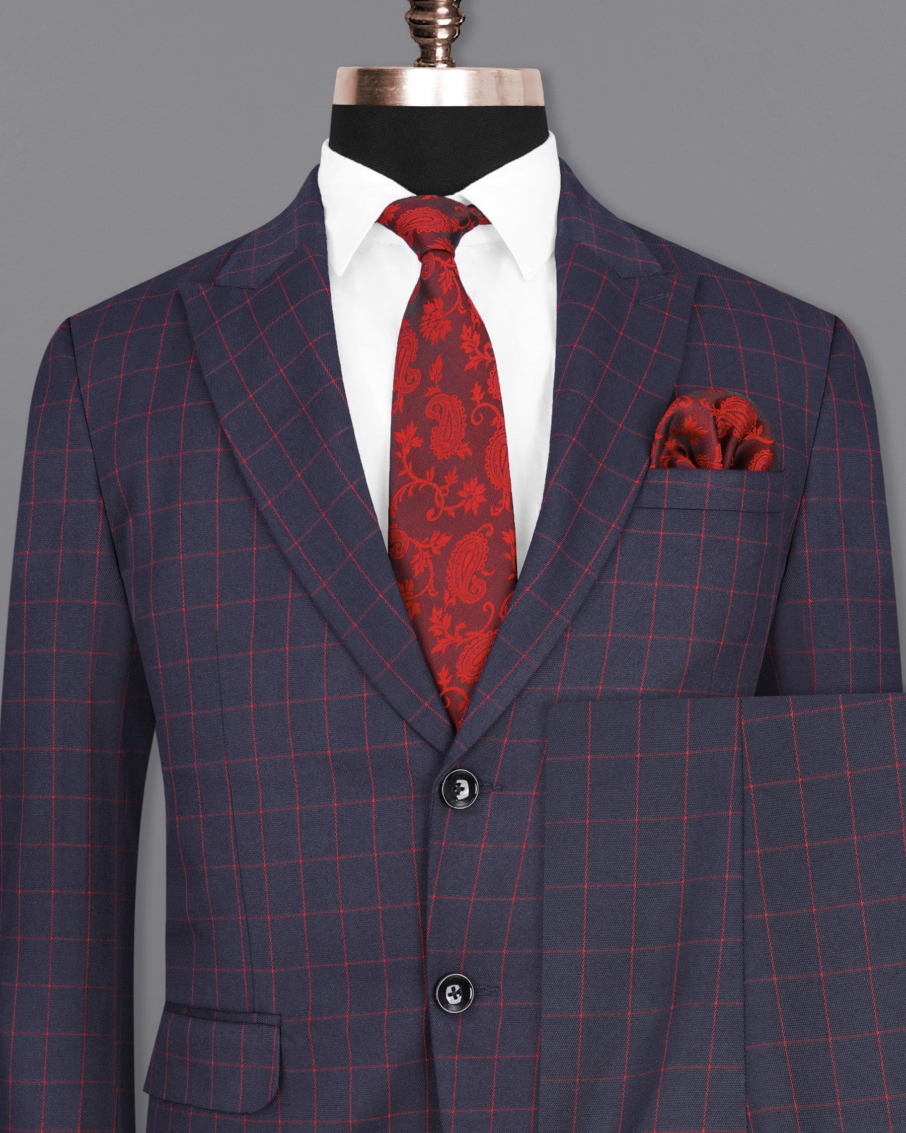 Charcoal Navy Blue Windowpane Single Breasted Suit