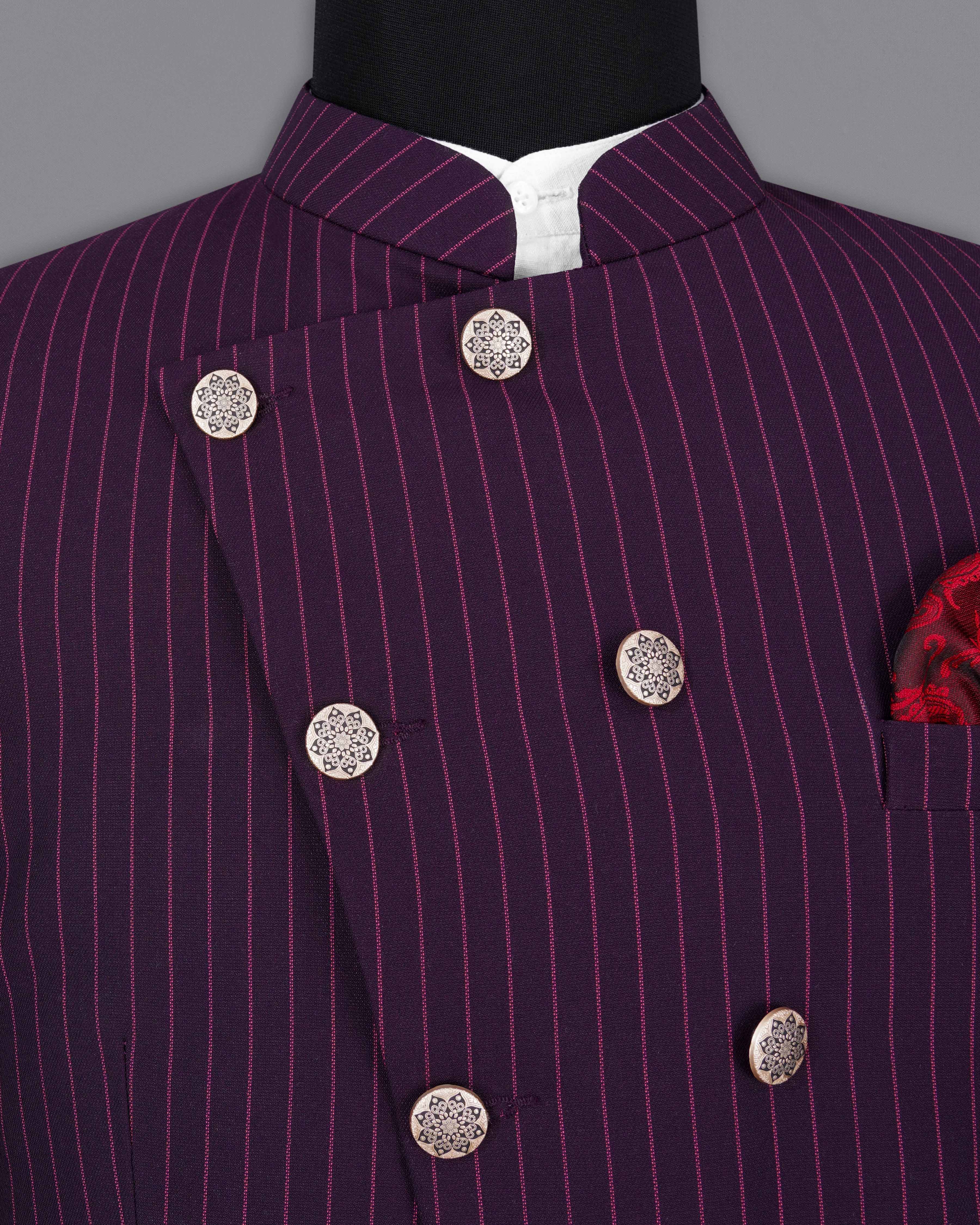 Tolopea Purple with Byzantium Pink Striped Cross Placket Bandhgala Designer Suit