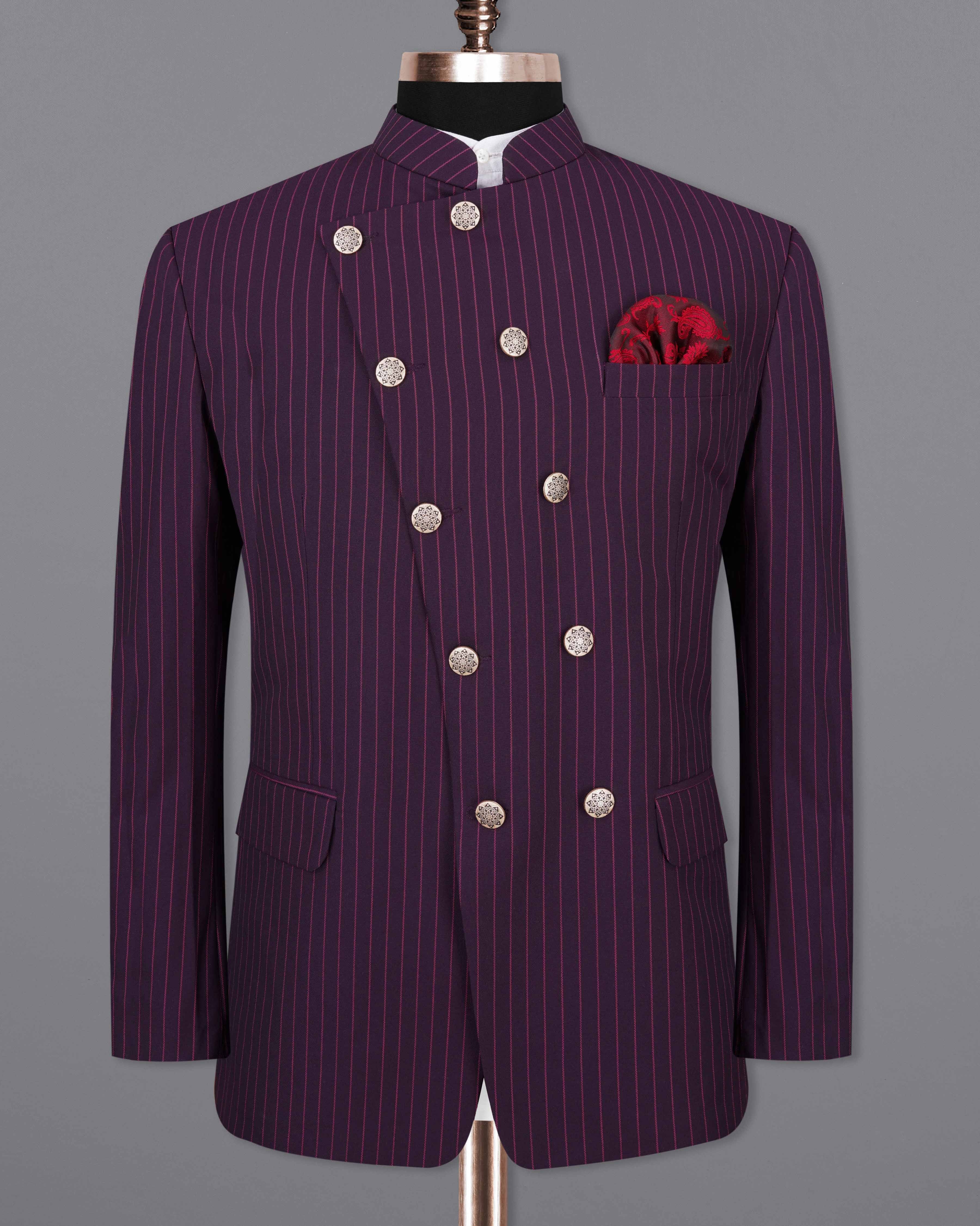 Tolopea Purple with Byzantium Pink Striped Cross Placket Bandhgala Designer Suit