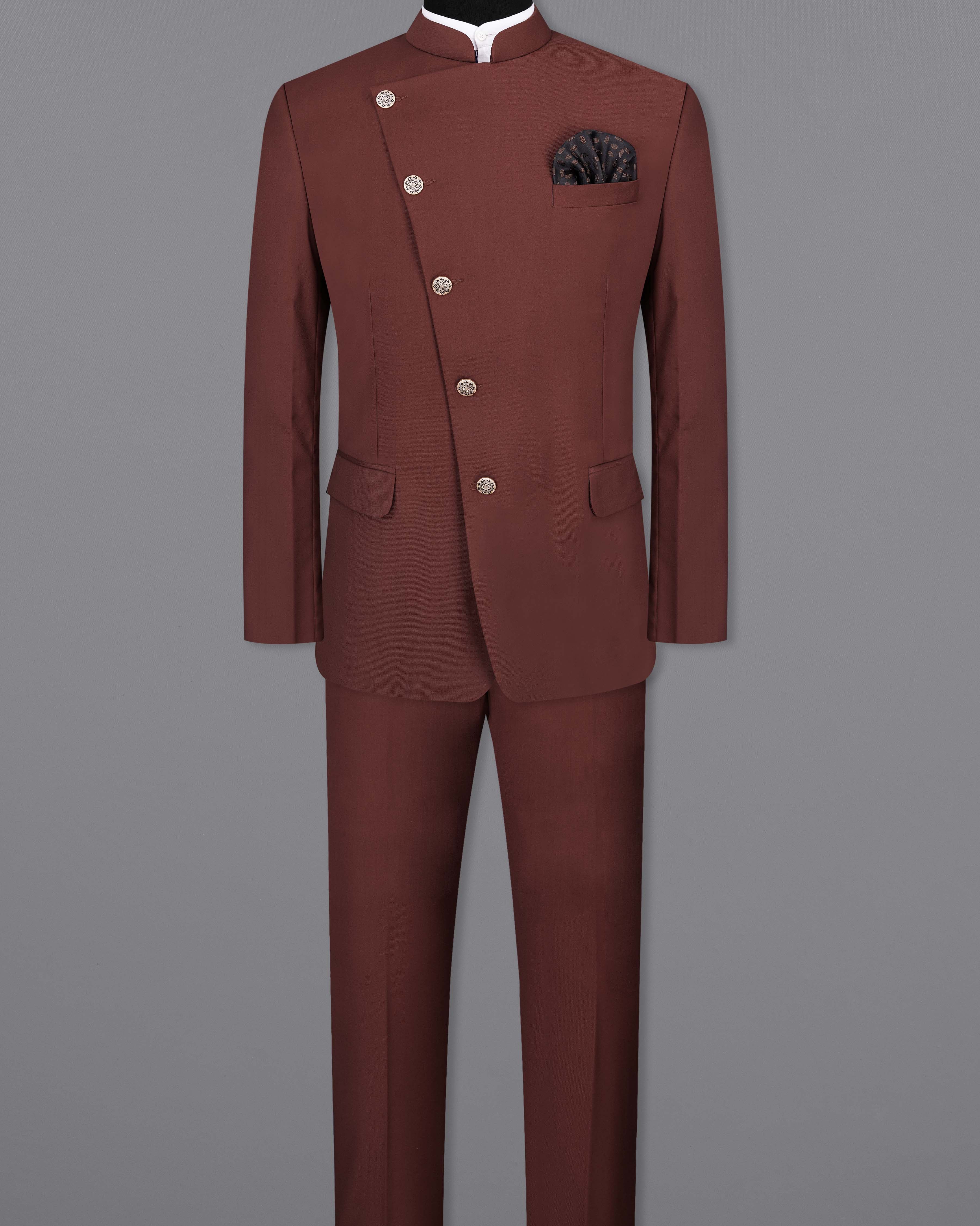 Lonestar Brown Cross Placket Bandhgala Suit