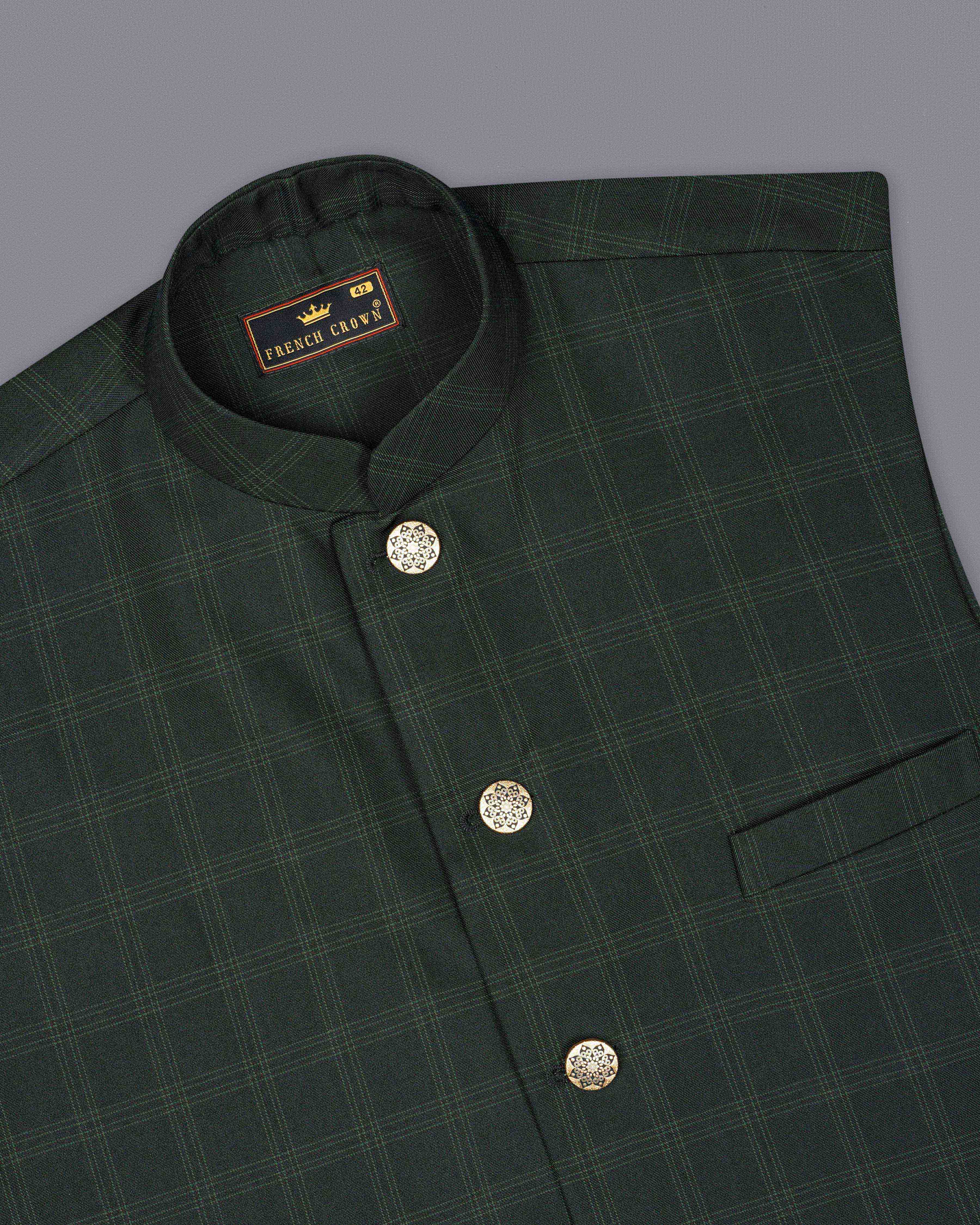 Zeus Green Plaid Cross Placket Bandhgala Suit