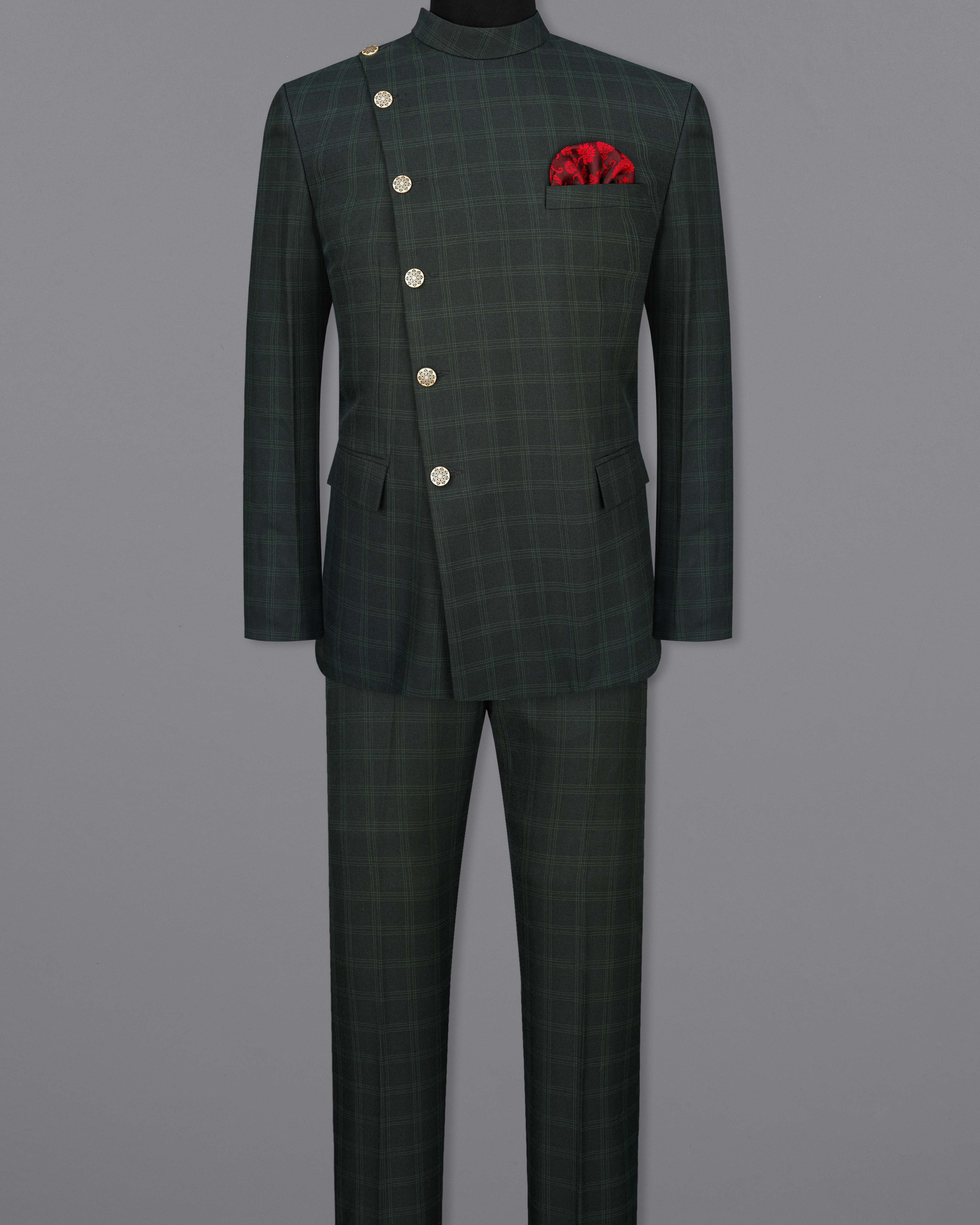 Zeus Green Plaid Cross Placket Bandhgala Suit