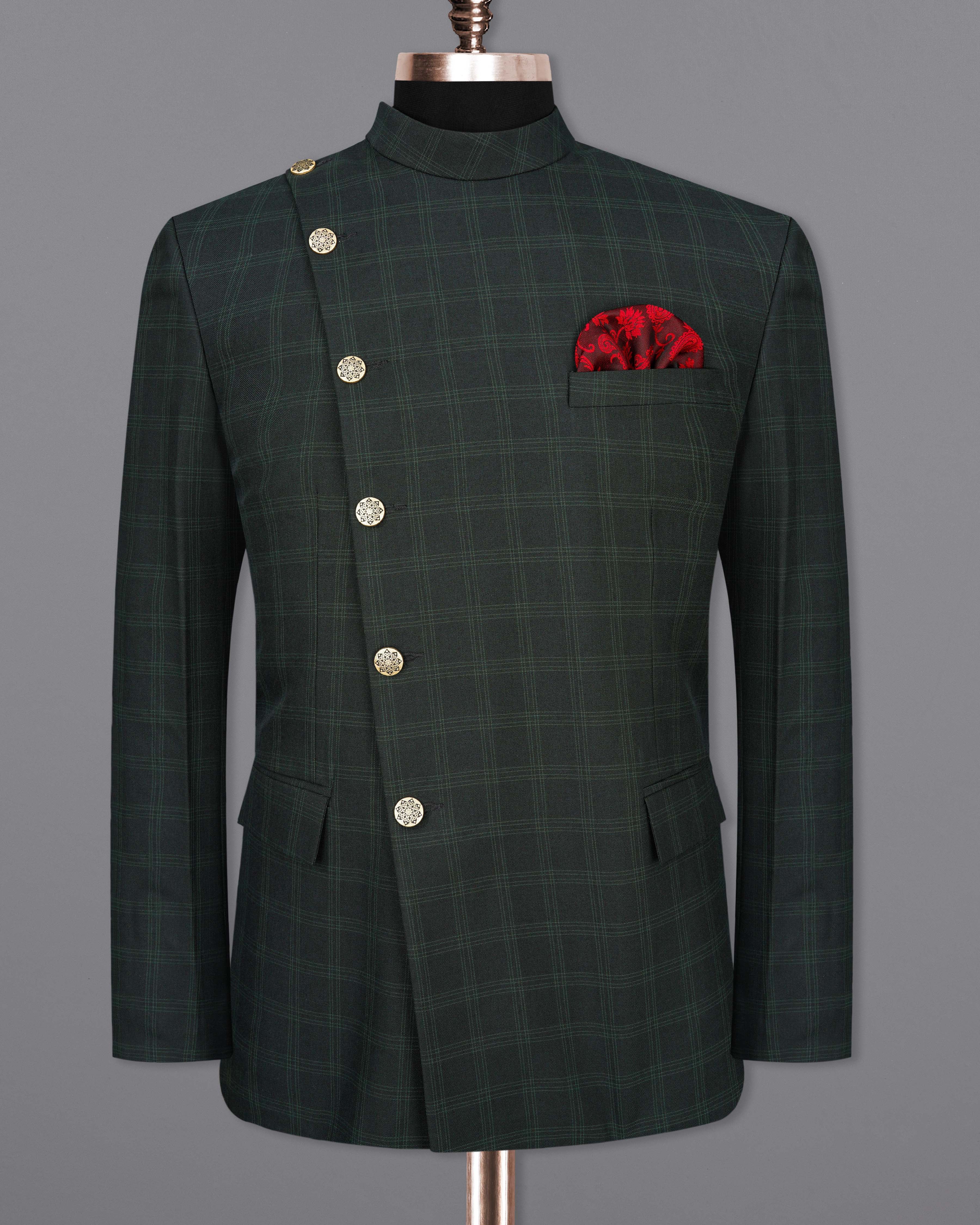 Zeus Green Plaid Cross Placket Bandhgala Suit