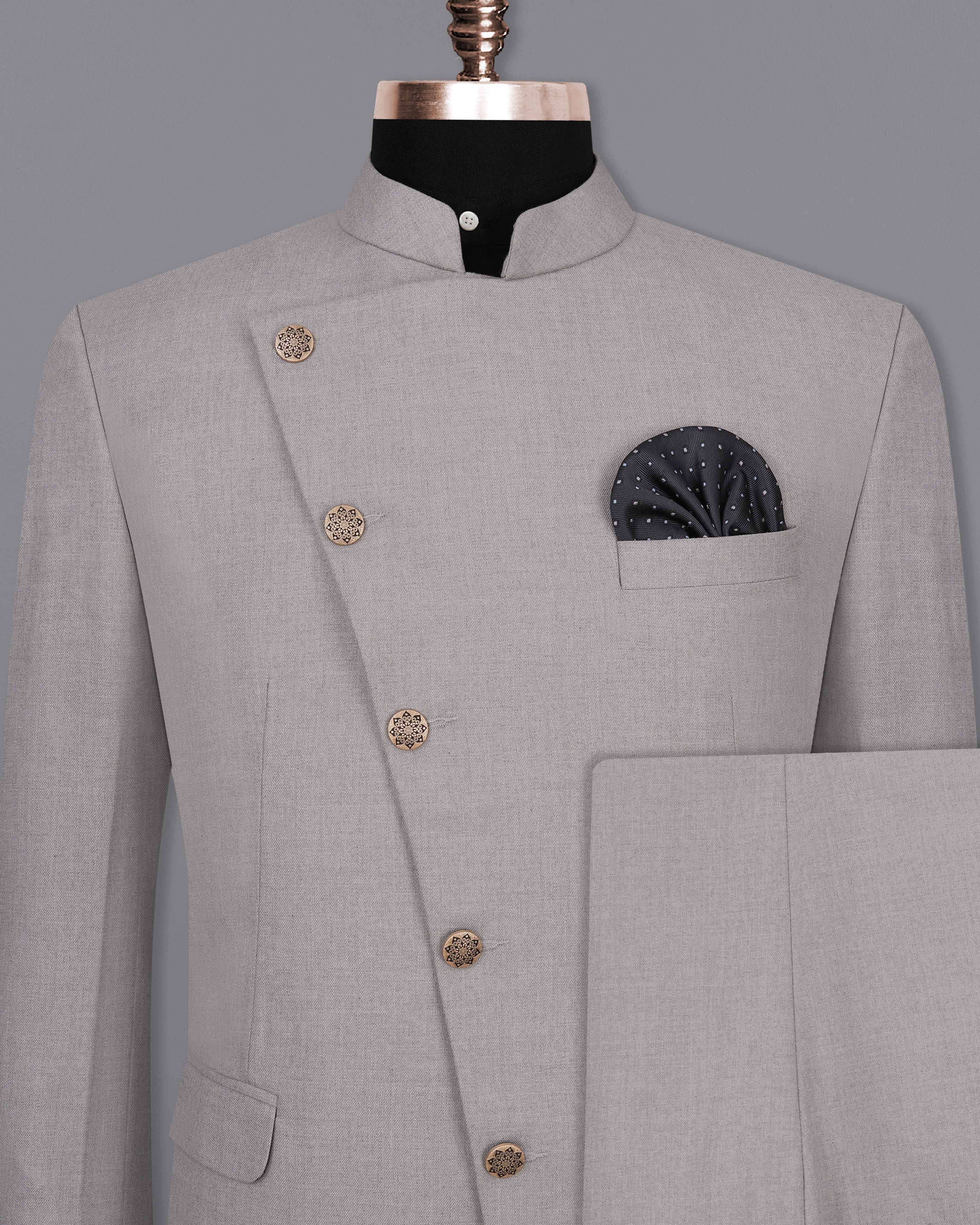 Spun Pearl Gray Cross Placket Bandhgala Suit