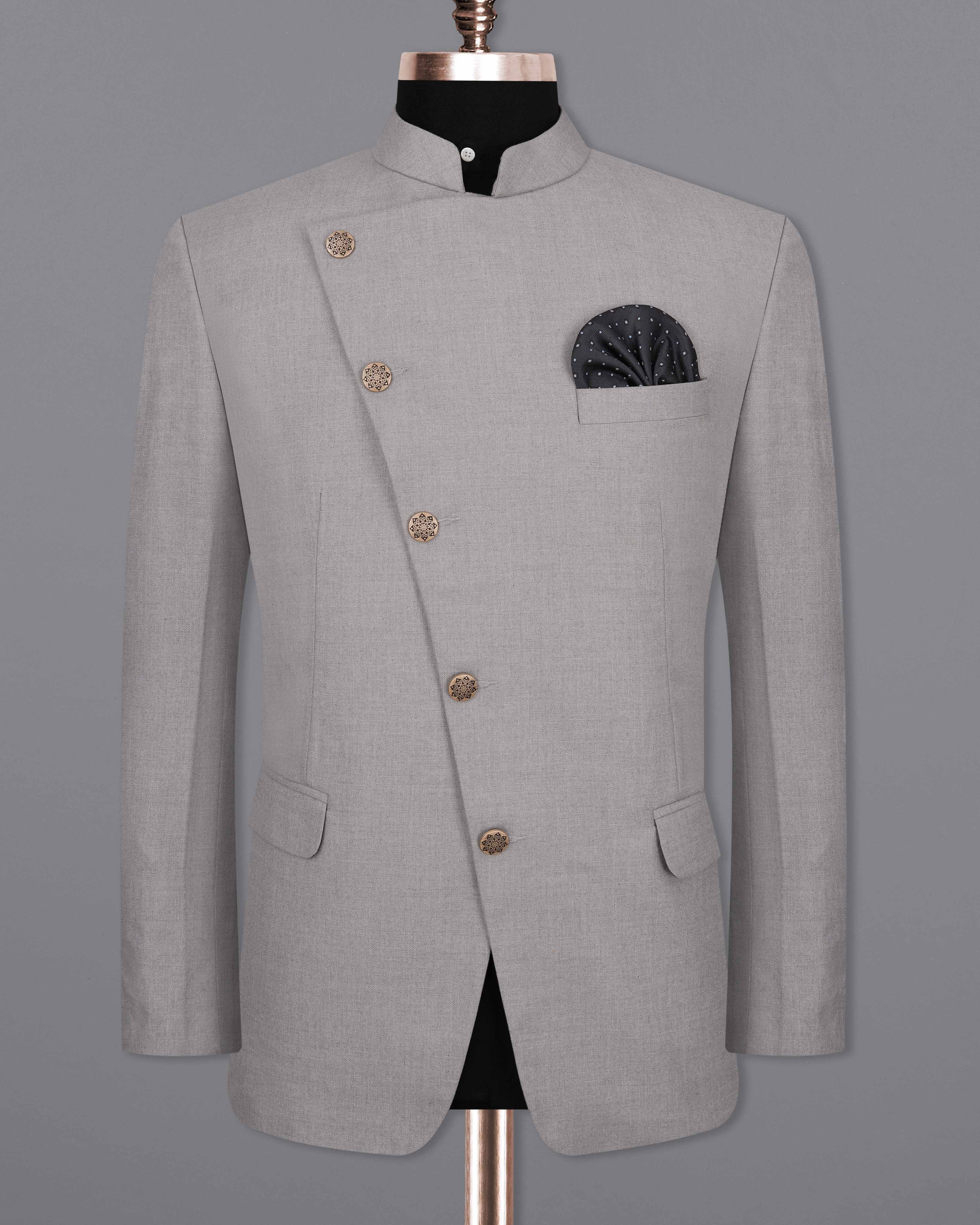 Spun Pearl Gray Cross Placket Bandhgala Suit