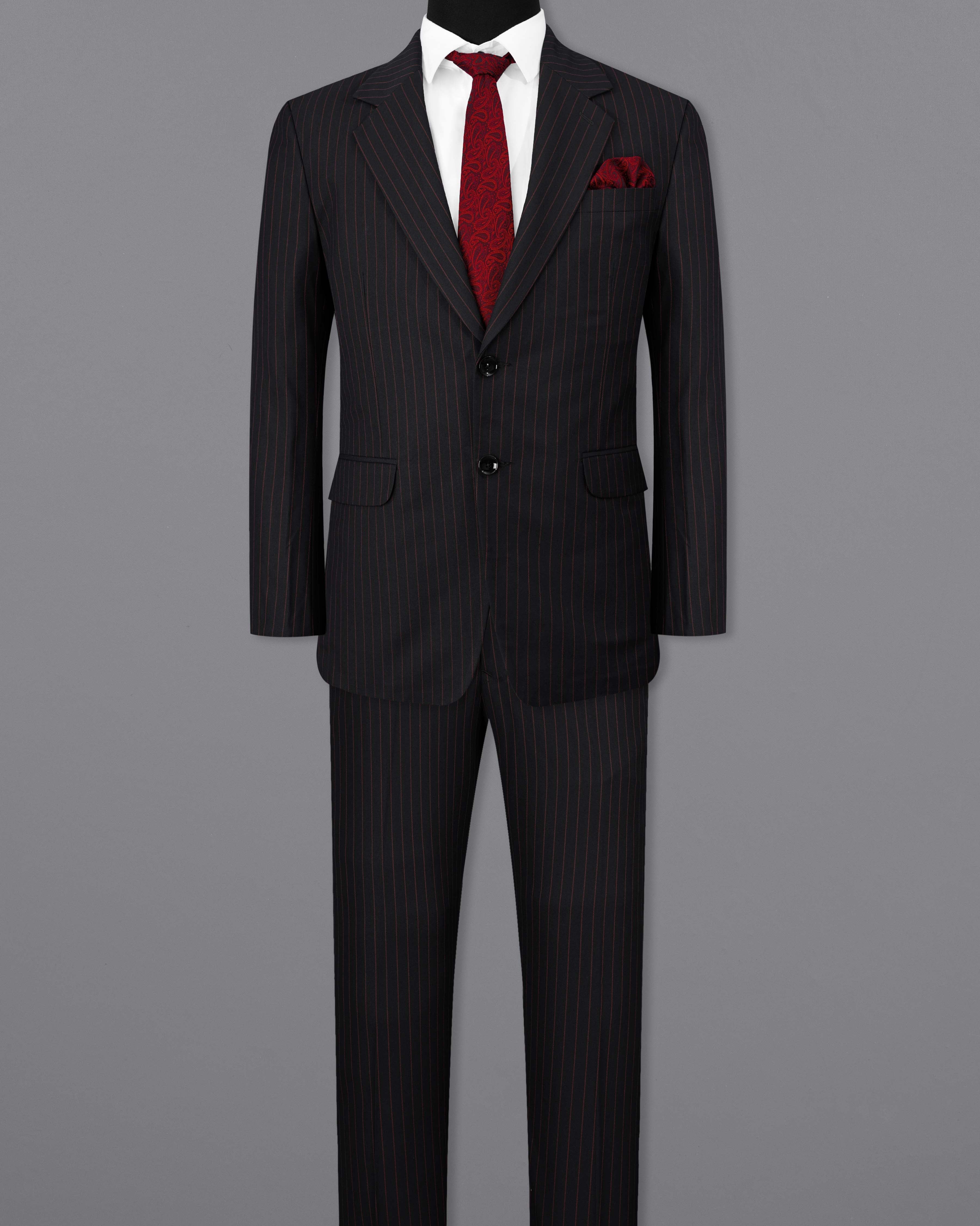 Jade Black with Light Taupe Brown Striped Single-Breasted Suit