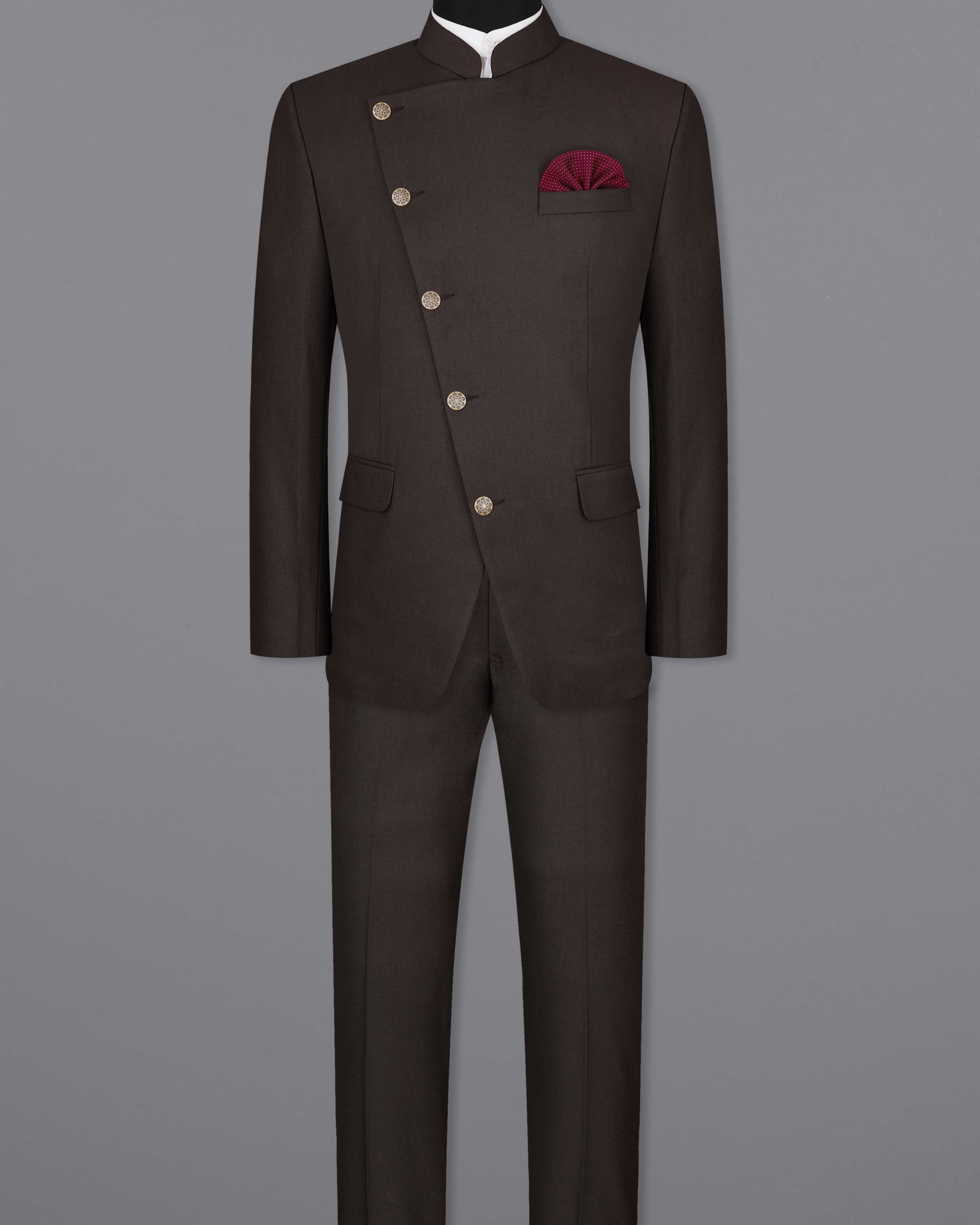 Baltic Sea Brown Cross Placket Bandhgala Suit