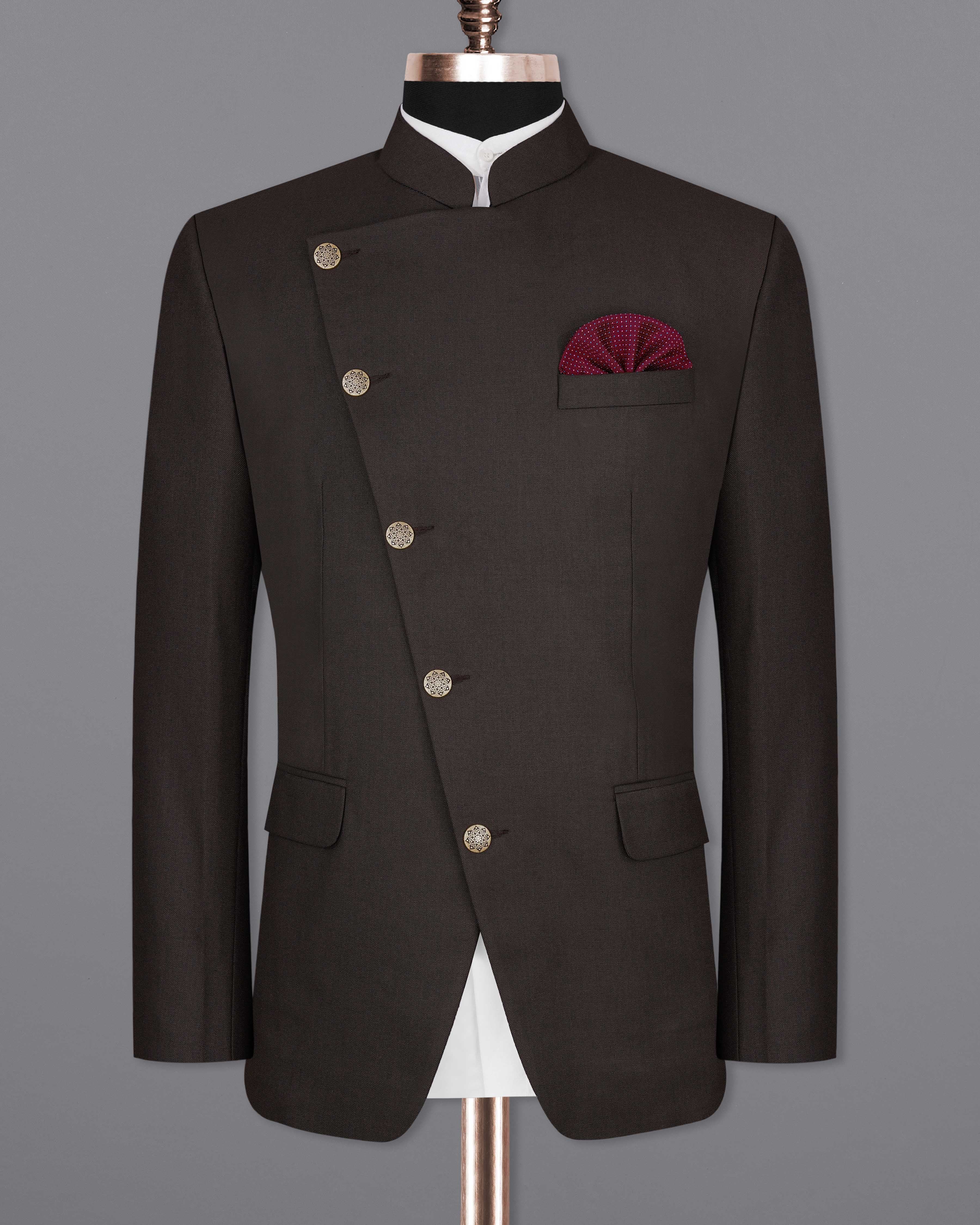 Baltic Sea Brown Cross Placket Bandhgala Suit