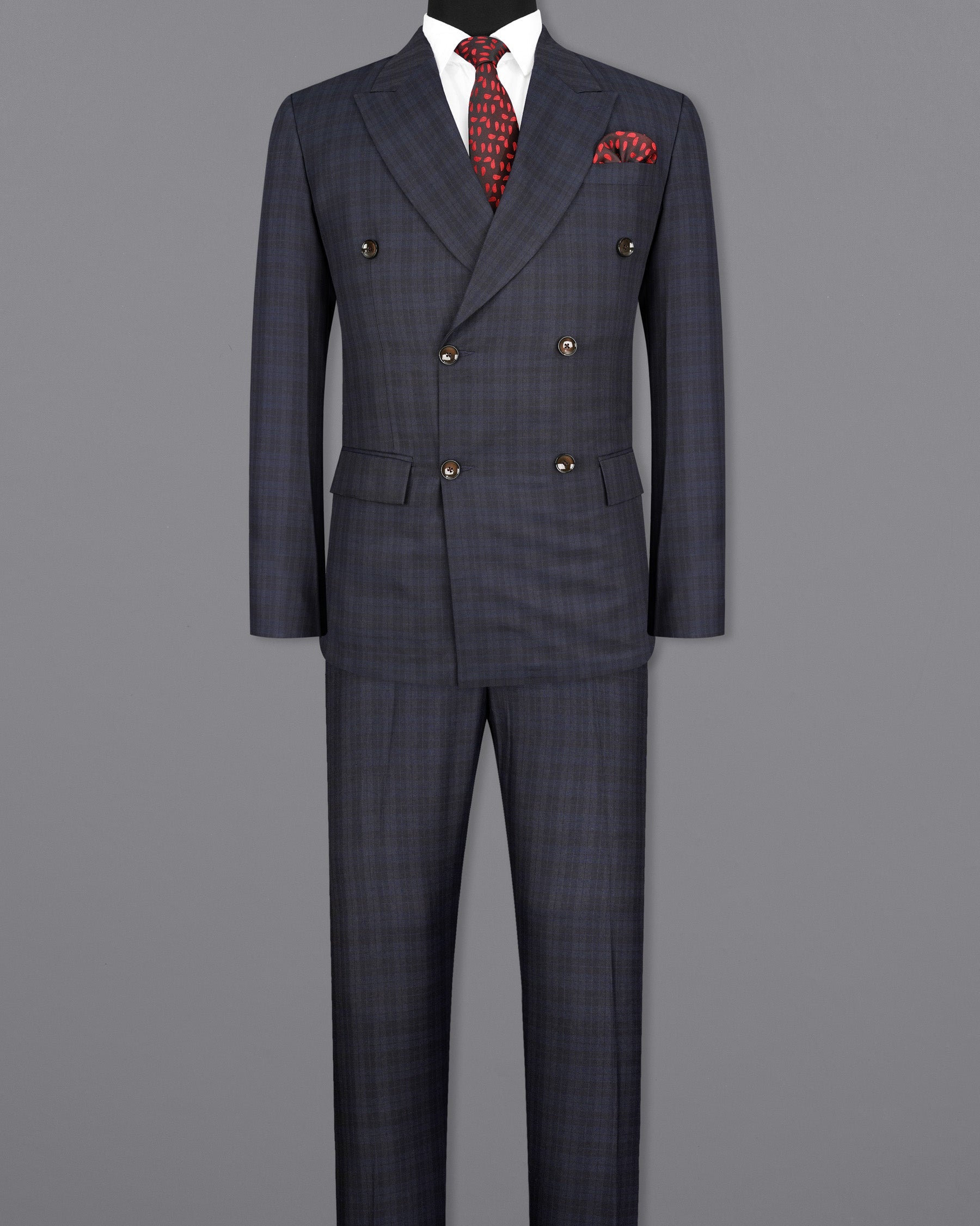 Cloud Burst Navy Blue with Iridium Gray Plaid Double Breasted Suit