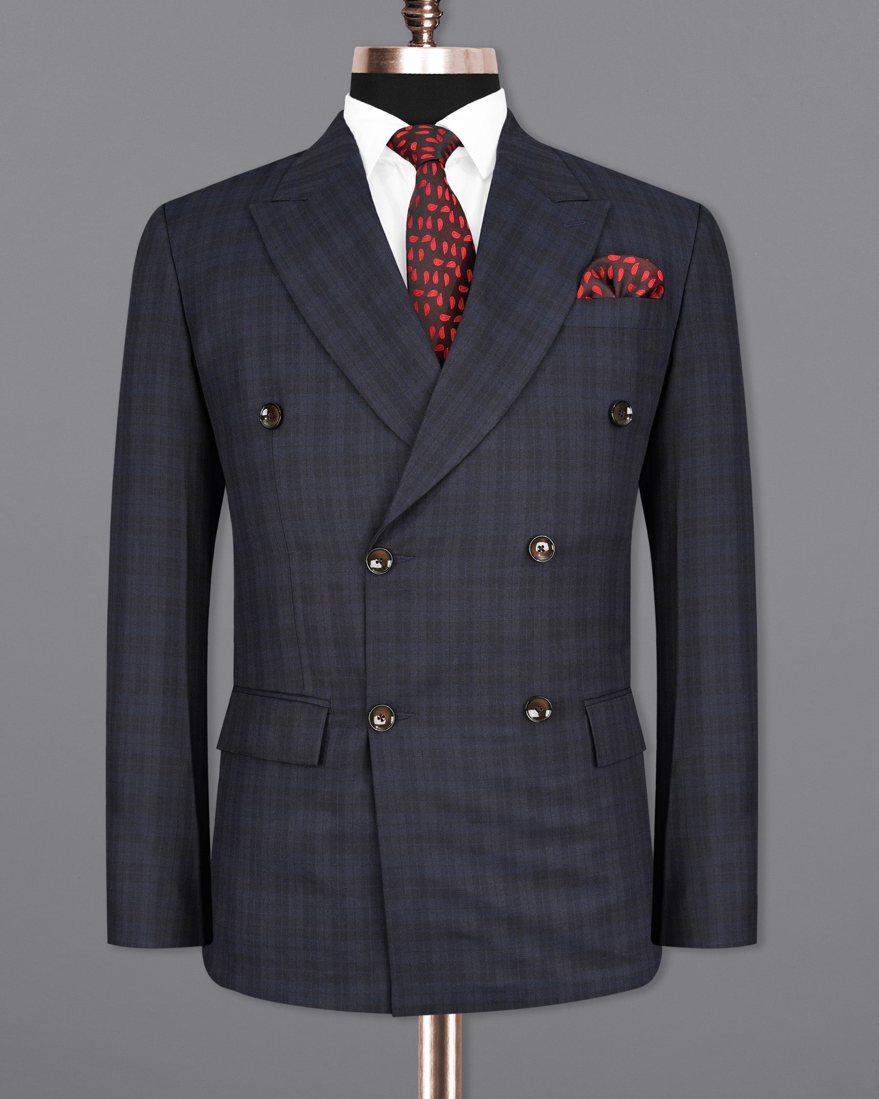 Cloud Burst Navy Blue with Iridium Gray Plaid Double Breasted Suit