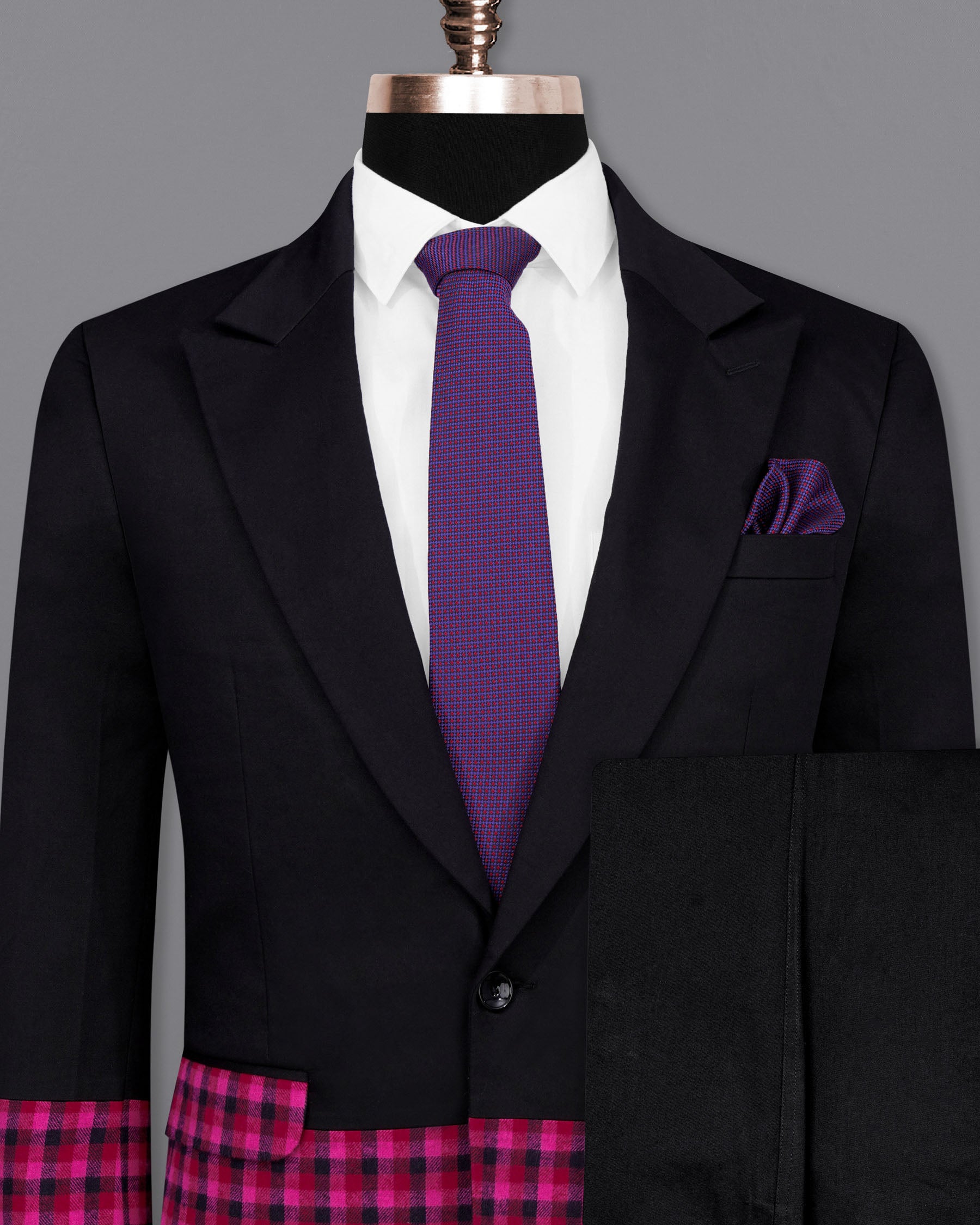 Half-Black and Half Jazzberry Pink Checkered Single-Breasted Premium Cotton Designer Suit
