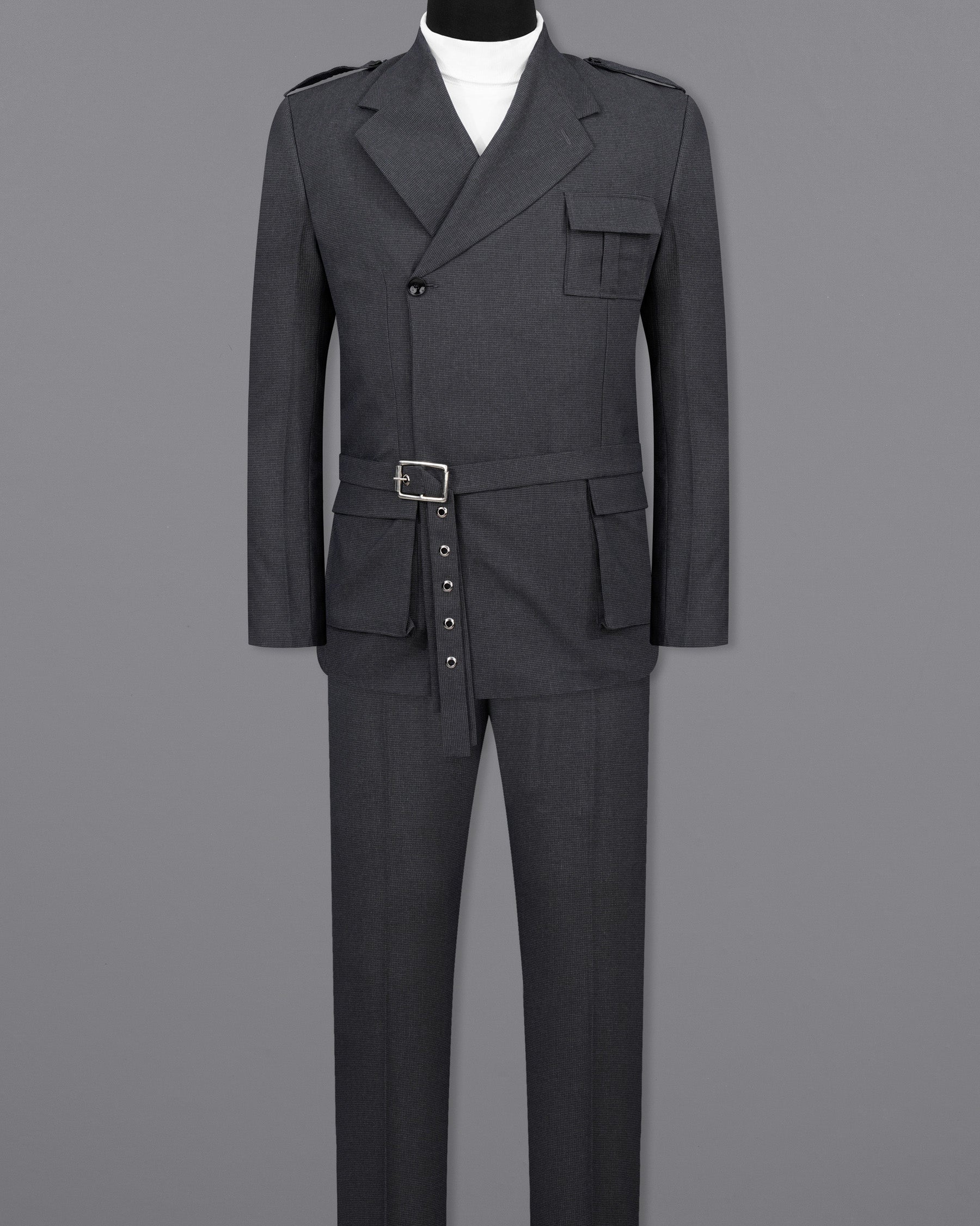 Bastille Dark Grey Double Breasted Designer Suit with Belt Closure